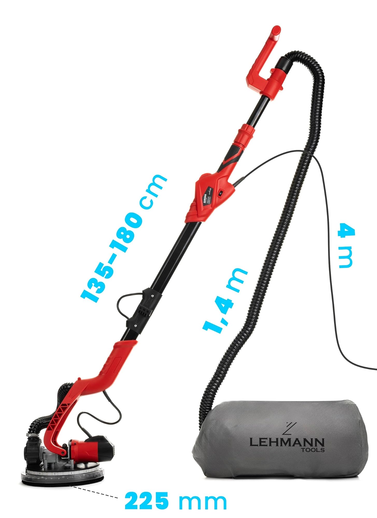 LEHMANN Ponceuse Girafe 1800W - Plateau Ø225 mm - Éclairage LED et Manche Télescopique - 7 Niveaux Vitesses - Ponceuse Mur et Plafond avec Aspiration – Incl. 30 Disques Abrasifs & Mallette