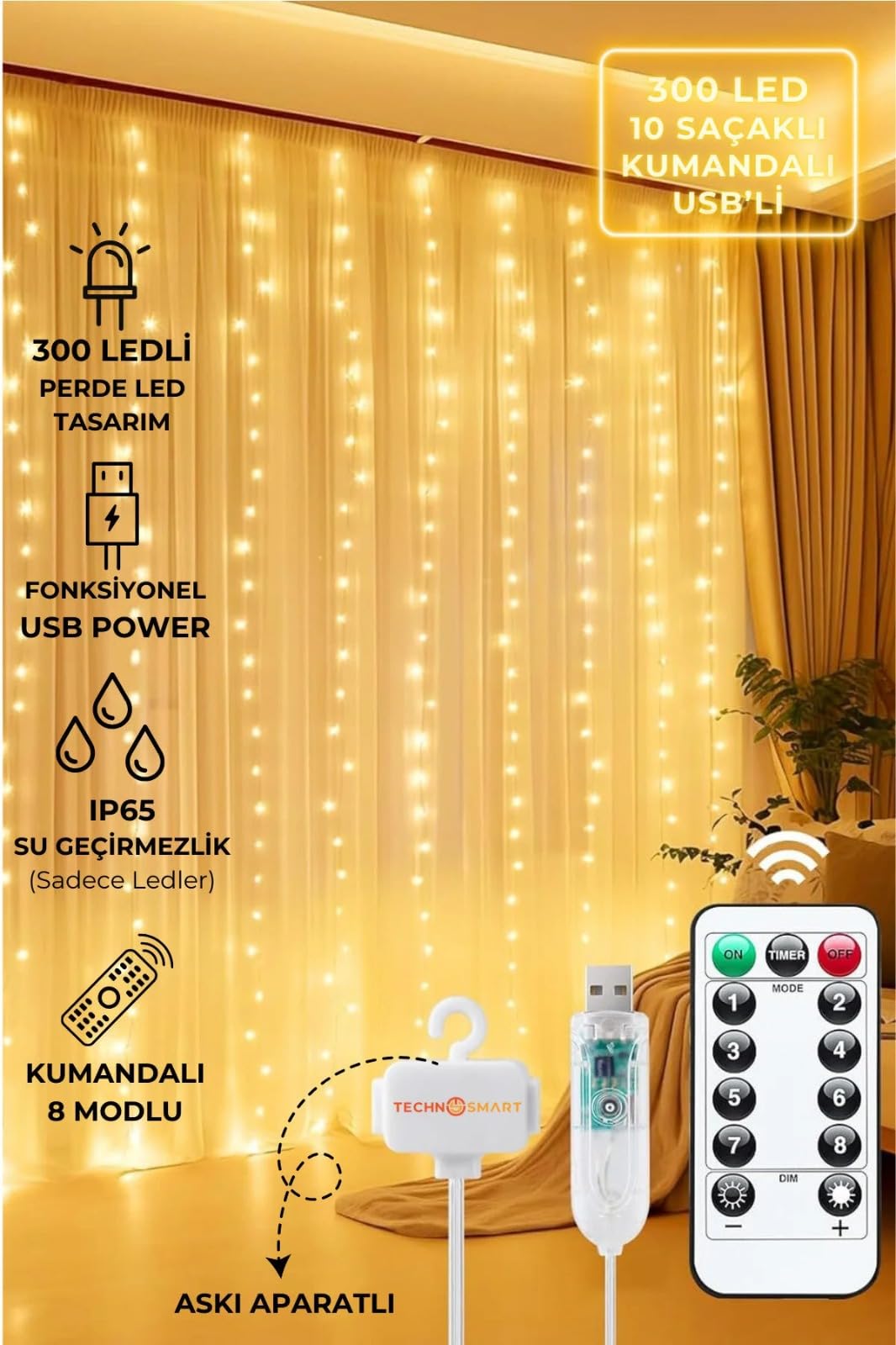 3x3 Metre Perde Led Işık, 300 Ledli 10 Sarkıtlı Dekoratif Peri Led, Uzaktan Kumandalı ve 8 Fonksiyonlu, USB Girişli Günışığı (Sarı) Duvar ve Perde Aydınlatması