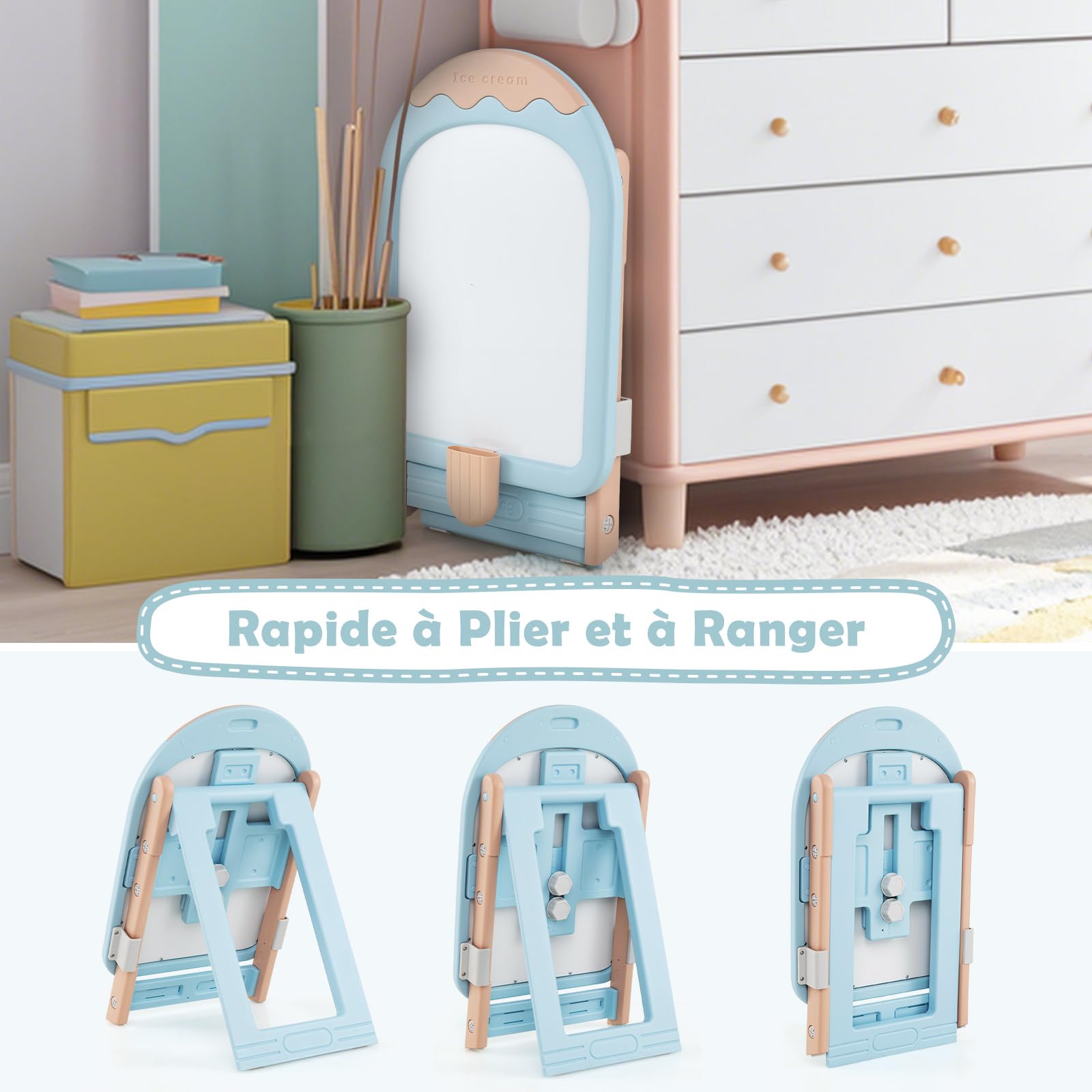 DREAMADE Tableau Enfants, Chevalet d'Art Pliable et Réglable en Hauteur, avec Tableau Blanc, Effaceur, Marqueurs et Boîte de Rangement (Bleu)