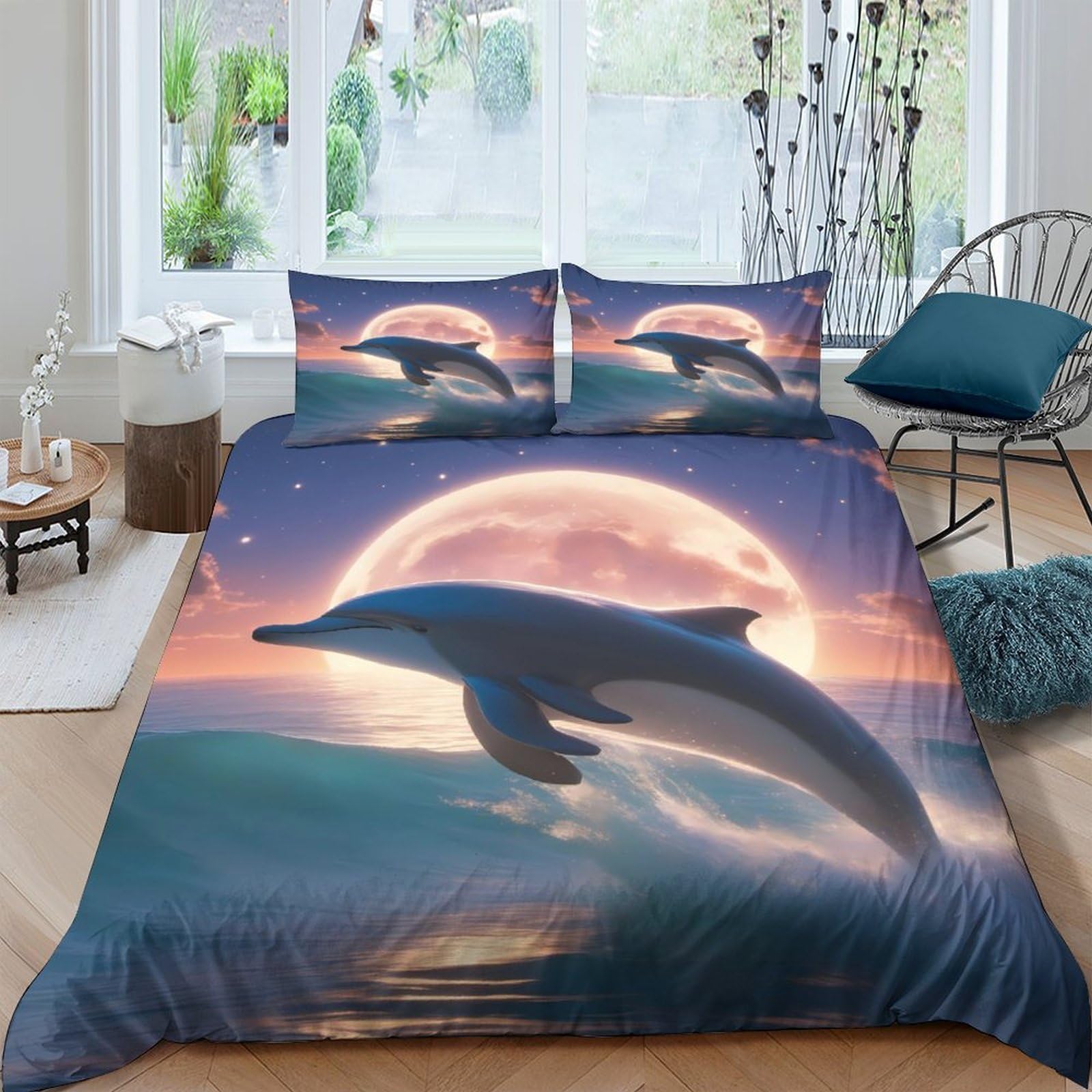 Ctjqhvkz Style-2 3D Printed Dolphin Sunset Fitted Sheet Microfiber Soft Bed Cover Ocean Waves Mattress Protection Decor For Bedroom Single（135X200cm）