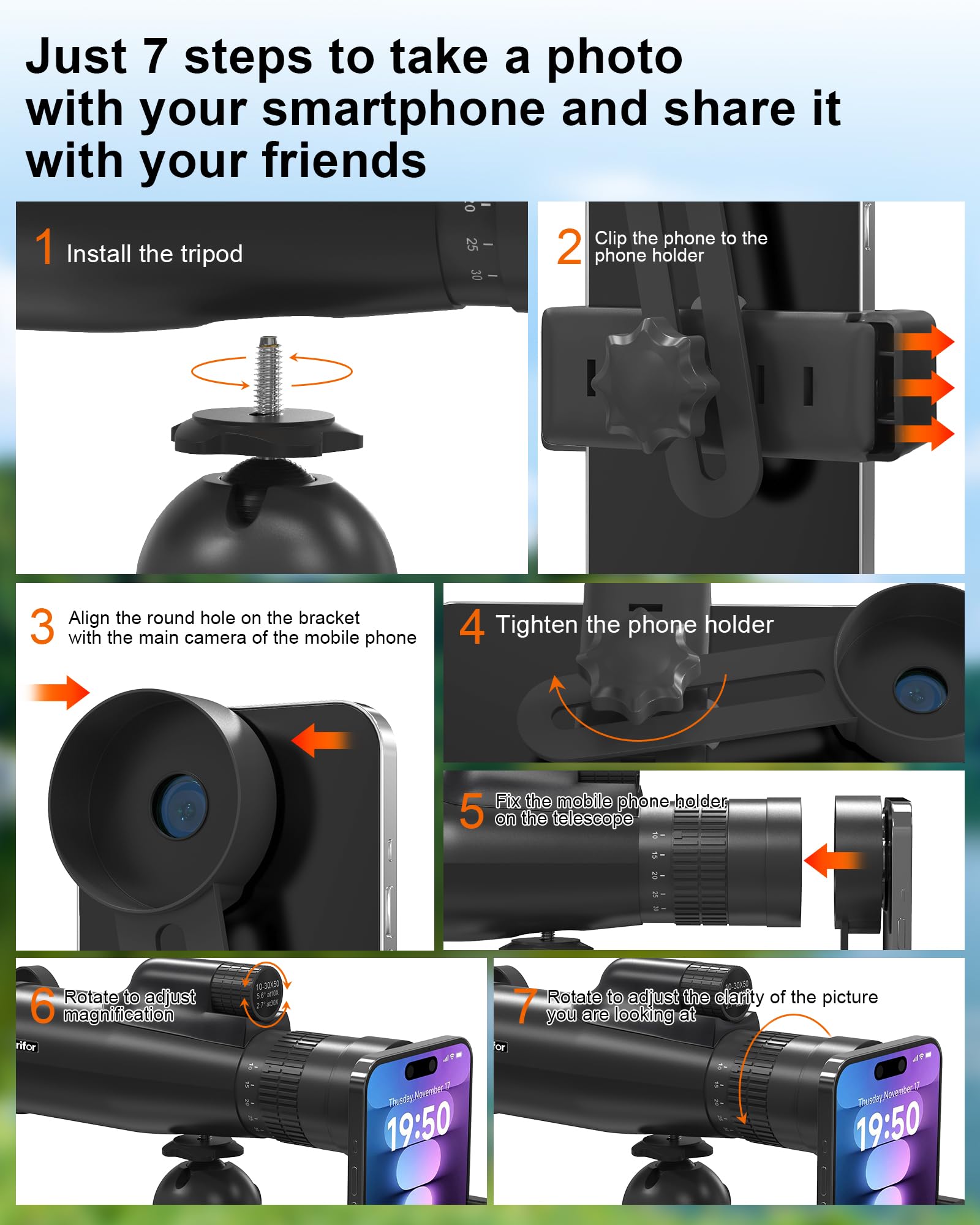 Monoculares de 10-30 x 50 para adultos de alta potencia, el monocular es adecuado para todo tipo de actividades al aire libre, el telescopio monocular se puede combinar con soporte para teléfono