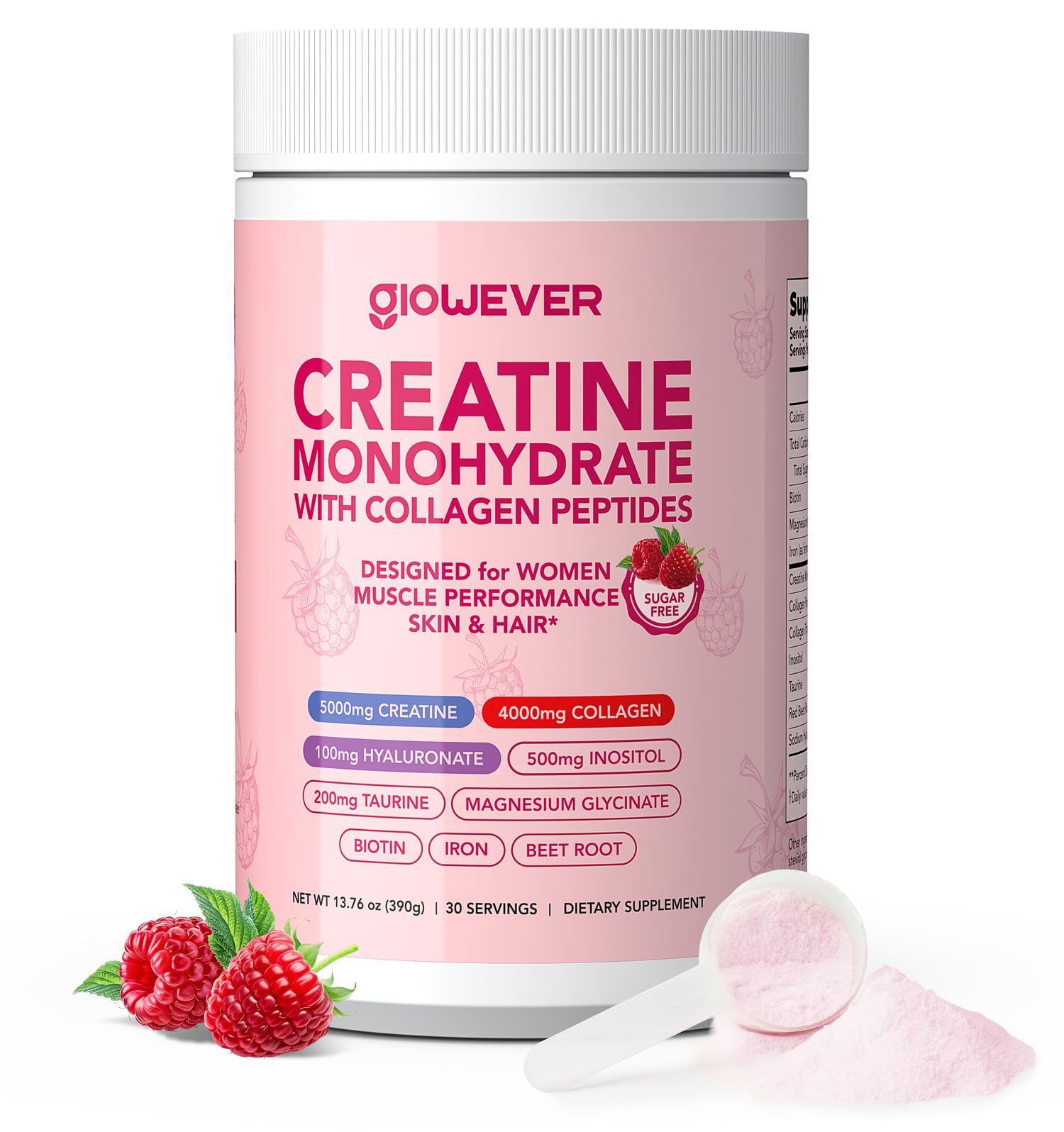 GlowEver Creatina em pó com peptídeos de colágeno — monohidratada 5 g + 4 g — 30 porções, 390 g