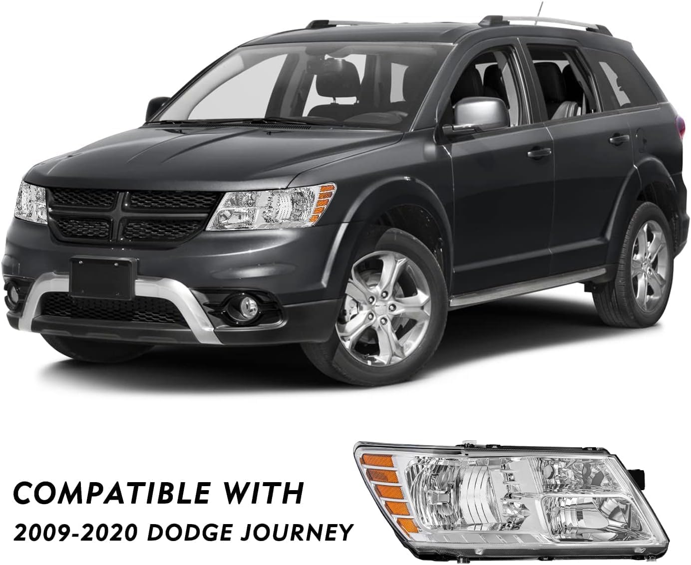 For 2009 2010 2011 2012 2013 2014 2015 2016 2017 2018 2019 2020 Journey Headlight Assembly Compatible with 2009-2018 Dodge Journey Clear Lens Chrome Housing Amber Reflector Headlamp Replacement