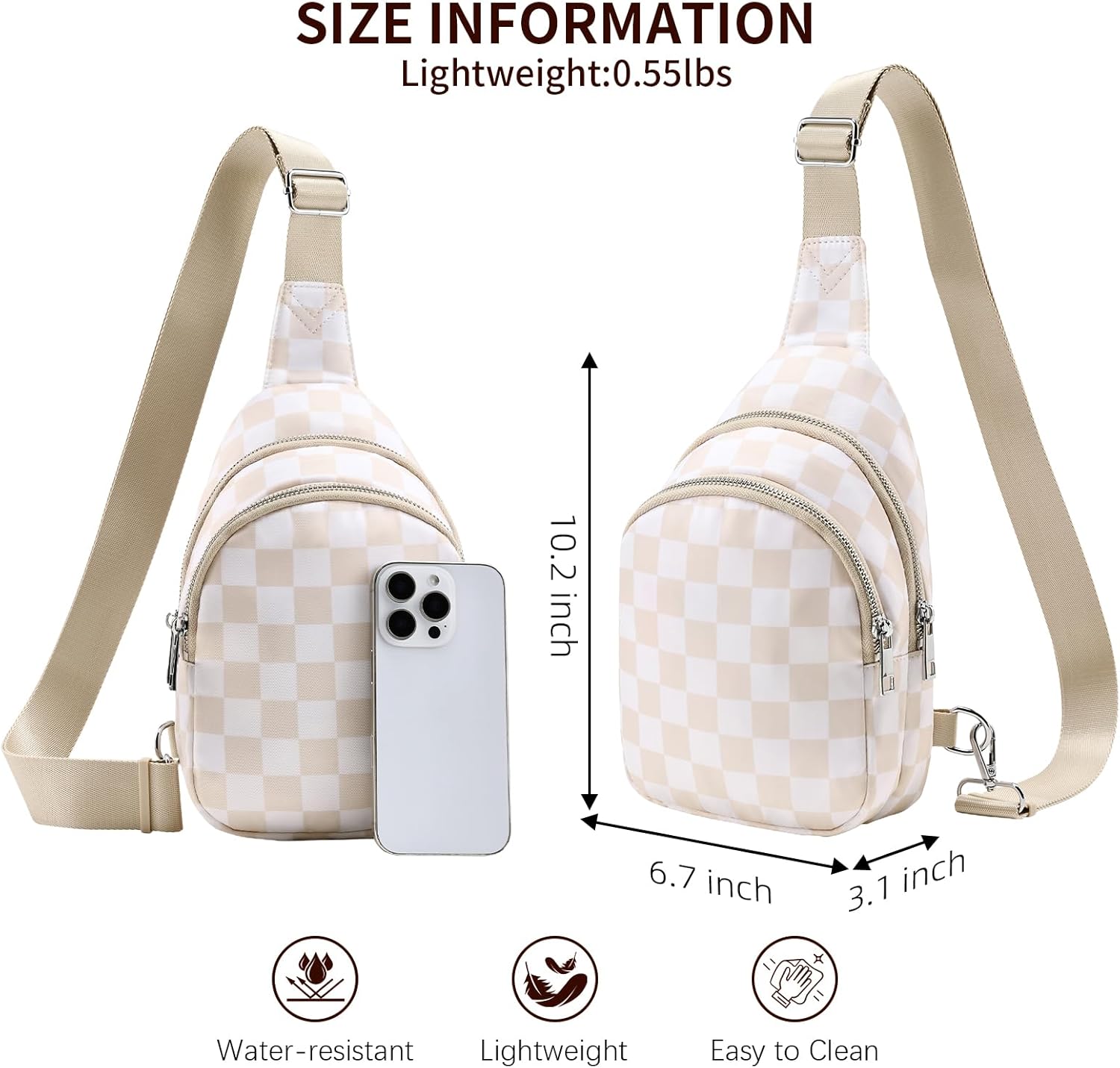 Small Checkered Sling Bag for Women, RFID Crossbody Bags Nylon Sling Backpack Purse for Travel (Beige Checkered) - Image 5