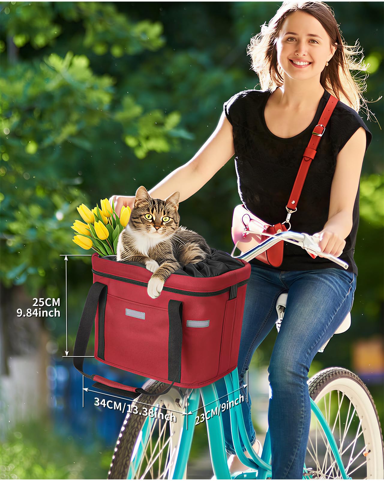 Cestino Bicicletta Anteriore, Cestino Rimovibile per Bicicletta Anteriore con Fissaggio rapido Pieghevole Fino a 5kg di Carico Cestino per Animali,Borsa per la Spesa,Campeggio All'Aperto, Rosso