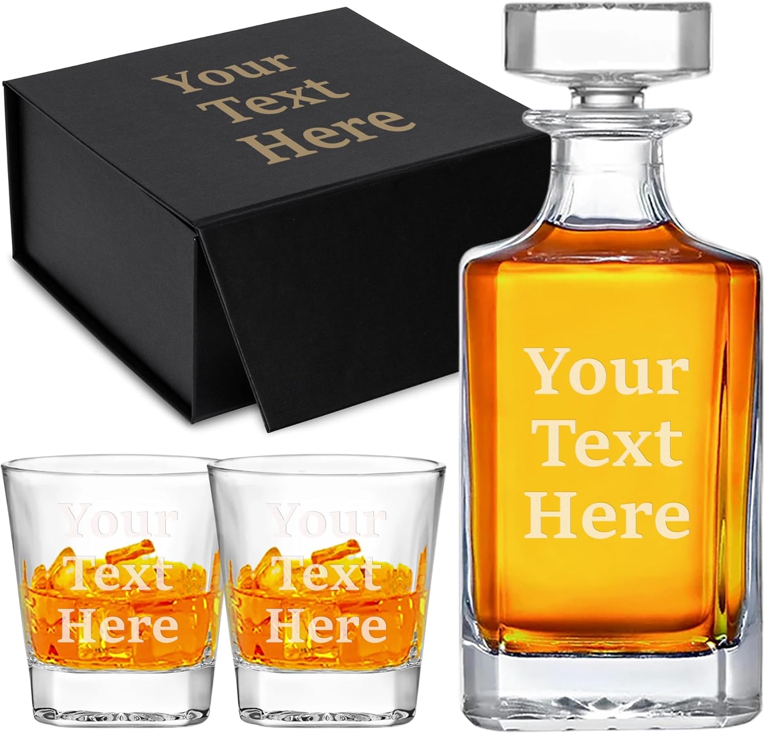 Personalized Whiskey Decanter Sets for Men, Engraved Liquor Decanter with Optional Custom Whiskey Glasses & Gift Box, Customized Gift for Retirement, Wedding, Birthday - 25oz/750ml |Text