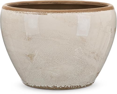 Geetery 10" Large Farmhouse Ceramic Pots Pure Beige Vintage Planters Decorative Plant Pot Wide Mouth with Drainage Hole for Indoor Outdoor Orchid Houseplant Home Office Shelf Table Decor Gift