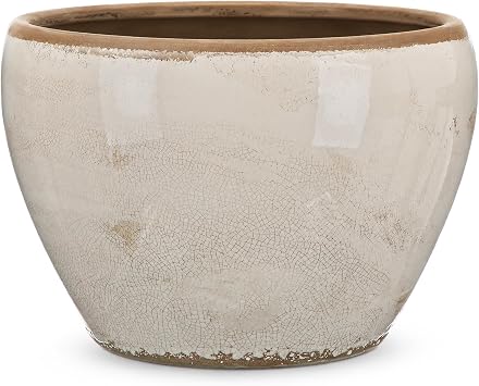 Geetery 10" Large Farmhouse Ceramic Pots Pure Beige Vintage Planters Decorative Plant Pot Wide Mouth with Drainage Hole for Indoor Outdoor Orchid Houseplant Home Office Shelf Table Decor Gift