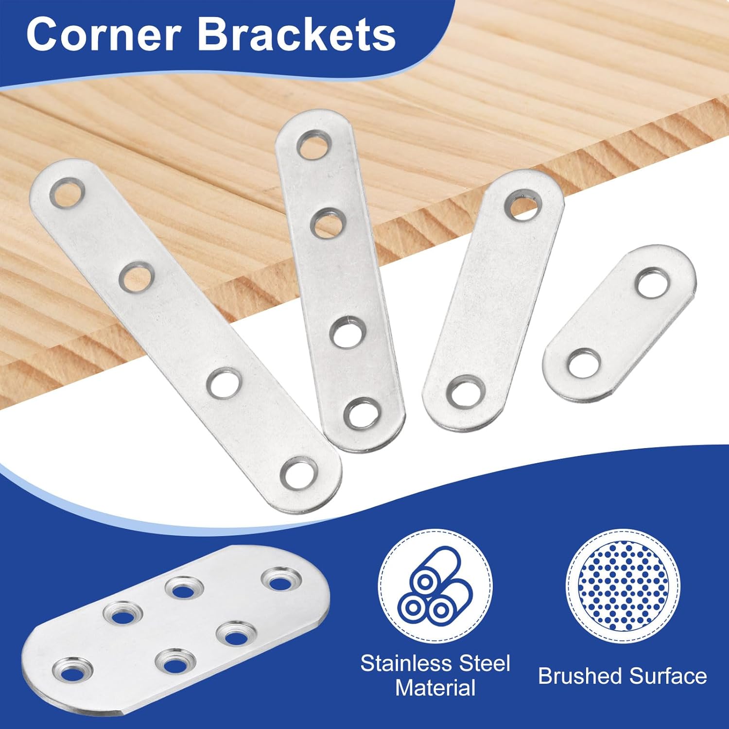 HARFINGTON 6pcs Straight Bracket 4.9" x 1.5" Stainless Steel Flat Fixing Brackets Mending Plate Corner Brace Connector with 36 Screws for Wood Board Bed Frame Furniture Shelves, Silver