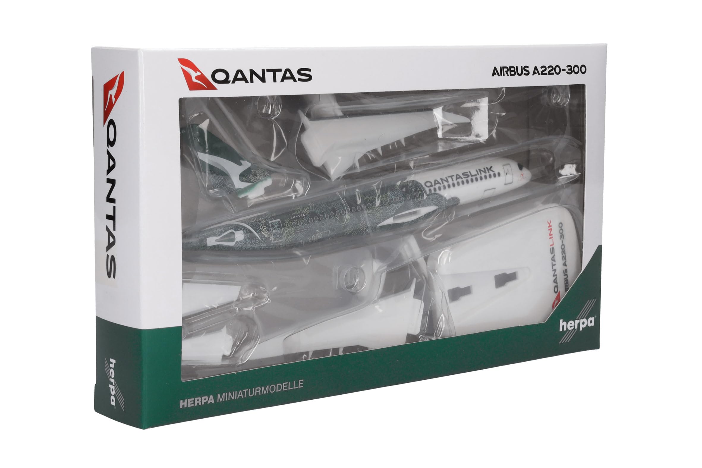 Herpa Snap-Fit Modellflugzeug QantasLink Airbus A220-300 - Flying Art Series/Minyma Kutjara Tjukurpa, Miniatur im Maßstab 1:200, Sammlerstück, Modell mit Standfuß, Kunststoff