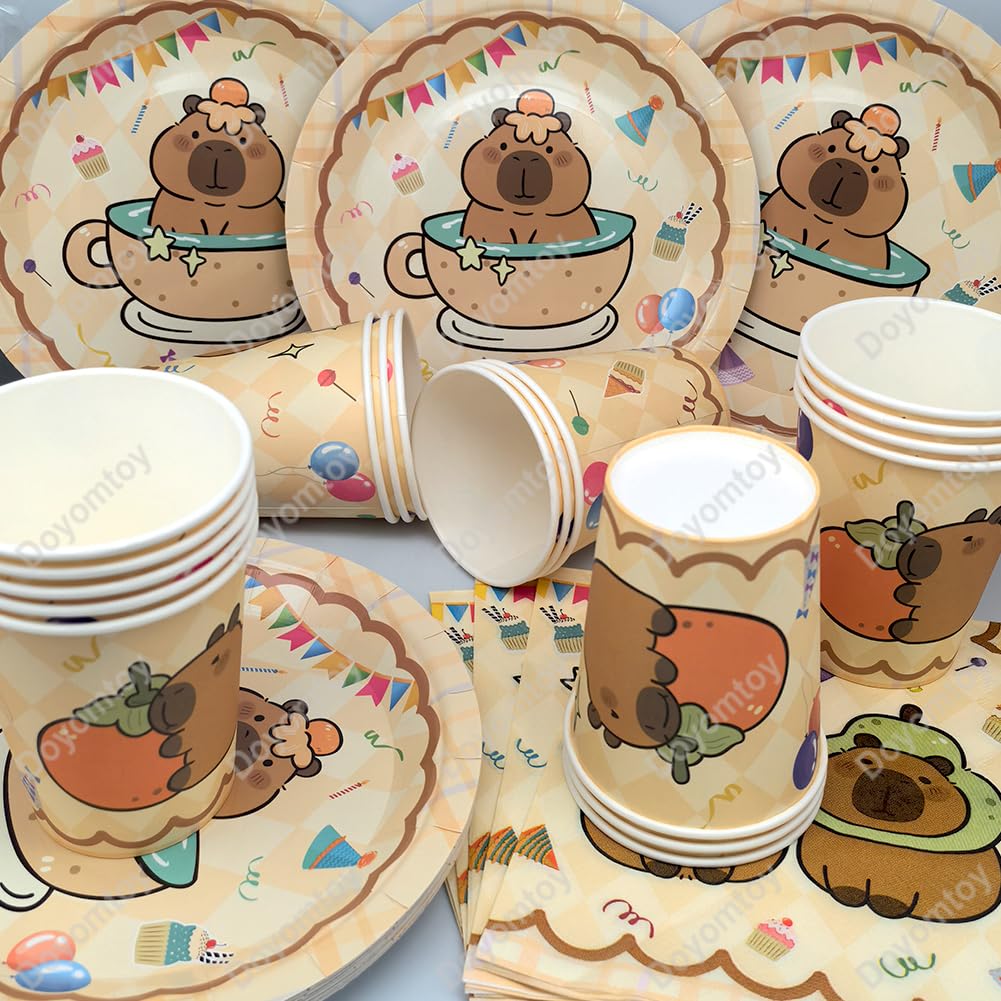 Stoviglie per Feste Kapybara,Doyomtoy Capybara Compleanno Decorazioni Piatti di Compleanno, Tazze, Tovaglioli per Baby Shower Bambini Compleannos Favors 20 Ospiti