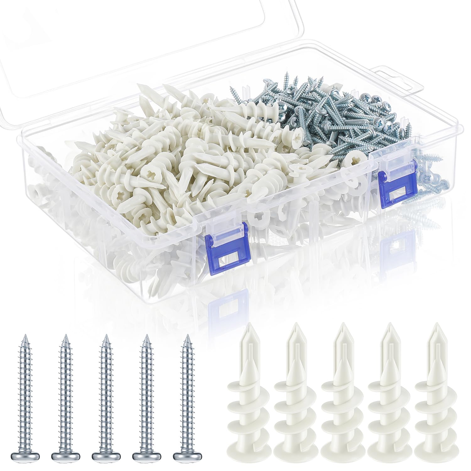 Glooglitter Set di 400 tasselli e viti autoperforanti #8, in nylon resistente, 34 kg, senza foro preforato, per appendere mensole e immagini, con custodia (ancoraggio normale non diviso)