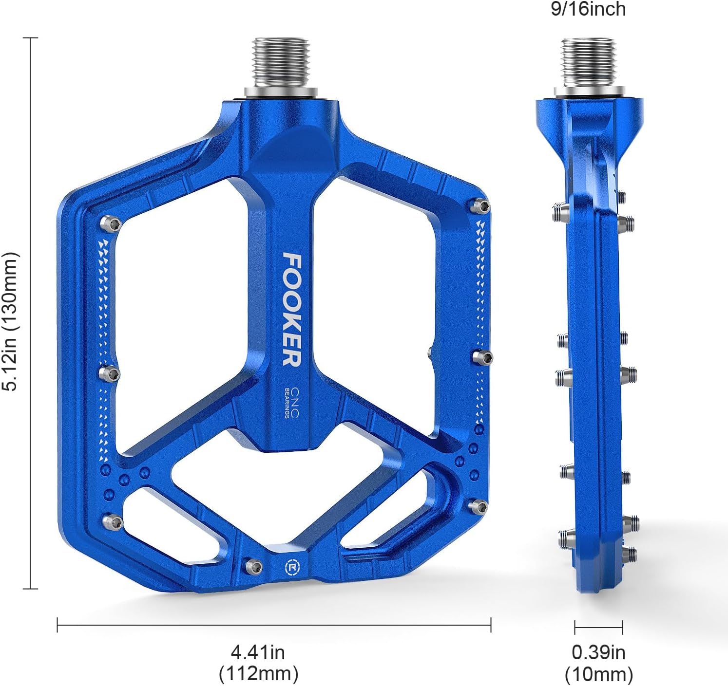 FOOKER Mountain Bike Pedals,Non-Slip Bicycle Flat Pedals Aluminum 9/16",MTB Pedals Wide Platform Pedals for Mountain Bike, BMX, Road Bike Pedals