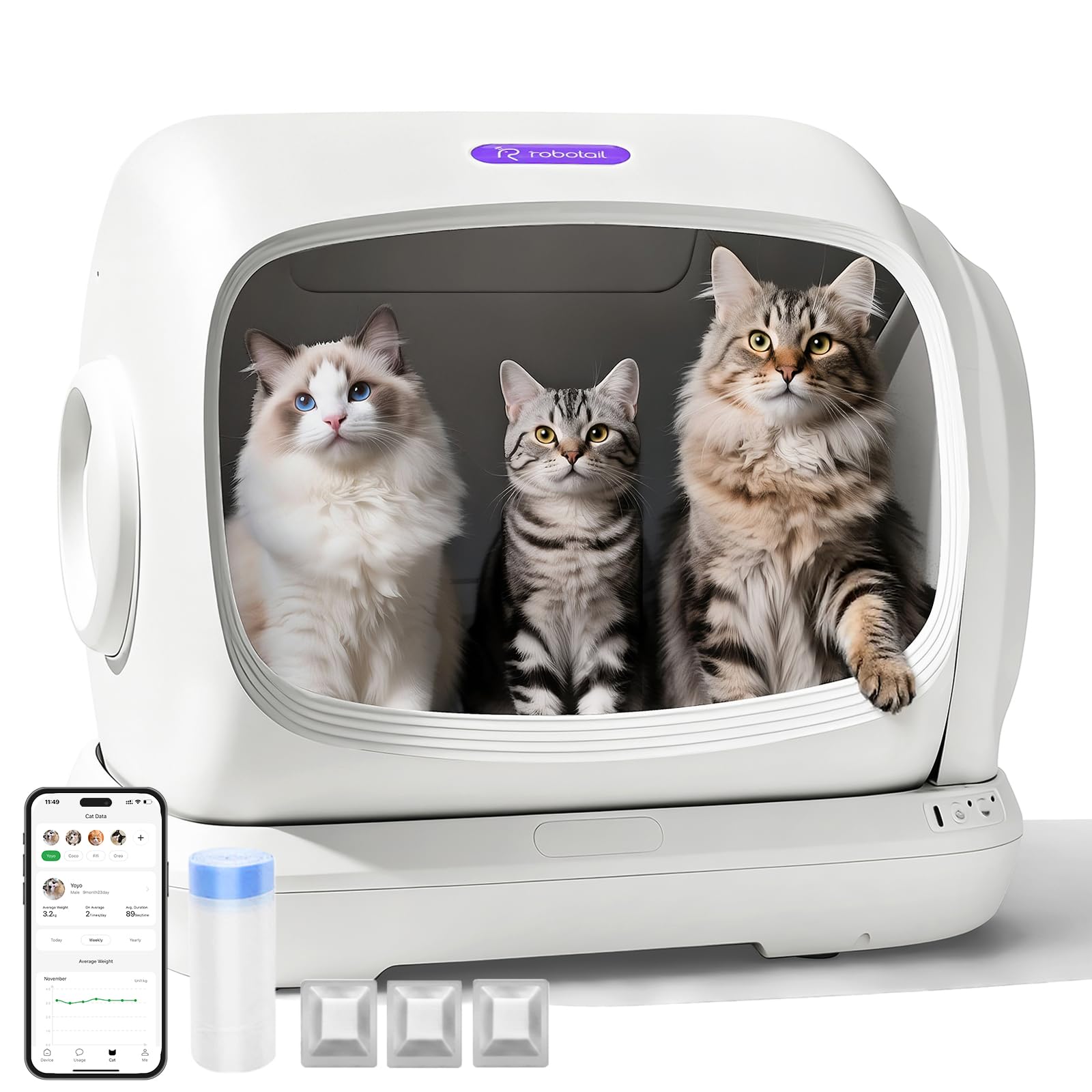 Robotail Self Cleaning Cat Litter Box,106L XXXL Extra-Large Space Automatic Cat Litter Box for Large Cats, Open Top Automatic Cat Box Self Cleaning with APP, Safety Sensor, Anti-Pinch Patent