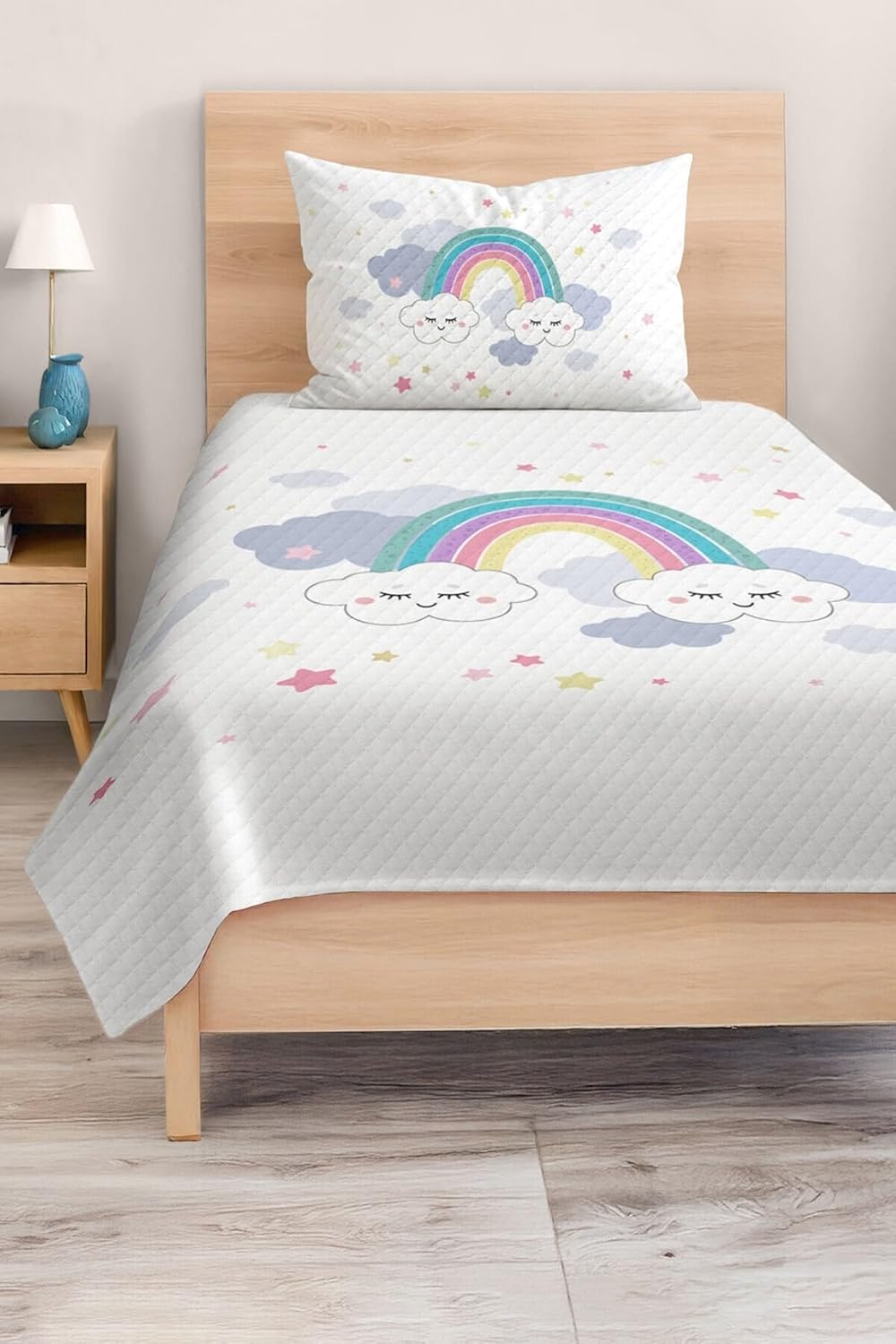 SODEF Bedding Set Twin Size Sky and Rainbow Design Cloud Print for Kids Room, Lightweight Quilt Set with Pillow Sham, Cotton Polyester Blend - Multicolor, One Size