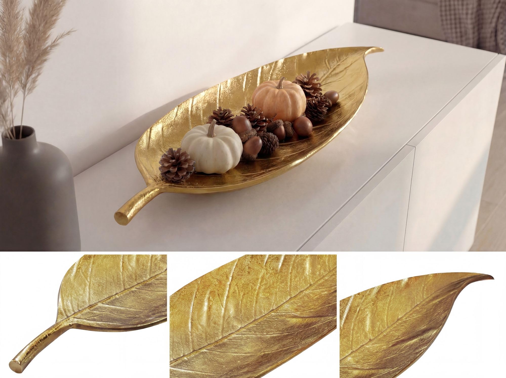 WOHNLING Misa Dekoracyjny Kształt Liścia 61x18x4 cm Aluminium Złota Wąska