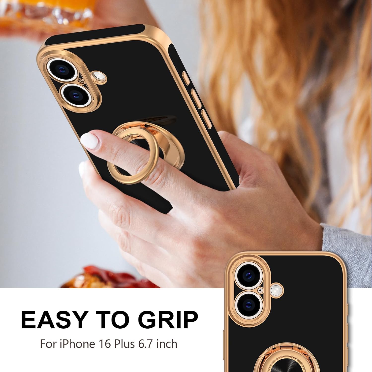 Hython for iPhone 16 Plus Case with Ring Stand, 360° Rotatable Ring Holder Magnetic Kickstand, Plating Rose Gold Edge Soft Cover Protective Phone Case for iPhone 16 Plus 6.7", Black - Image 2