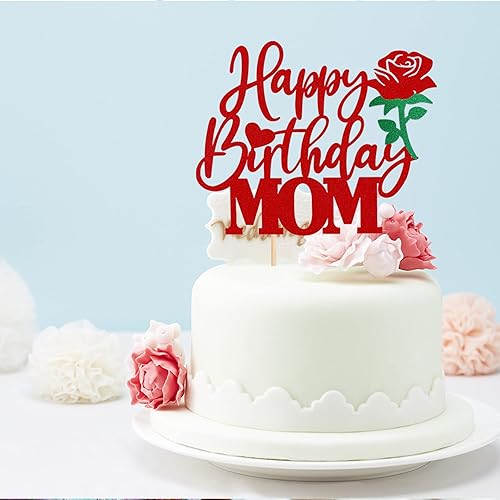 Miniatura 4 de 1 pieza de decoración de pastel de feliz cumpleaños para mamá con flor de rosa con purpurina para la mejor mamá, amor, madre, decoración para feliz
