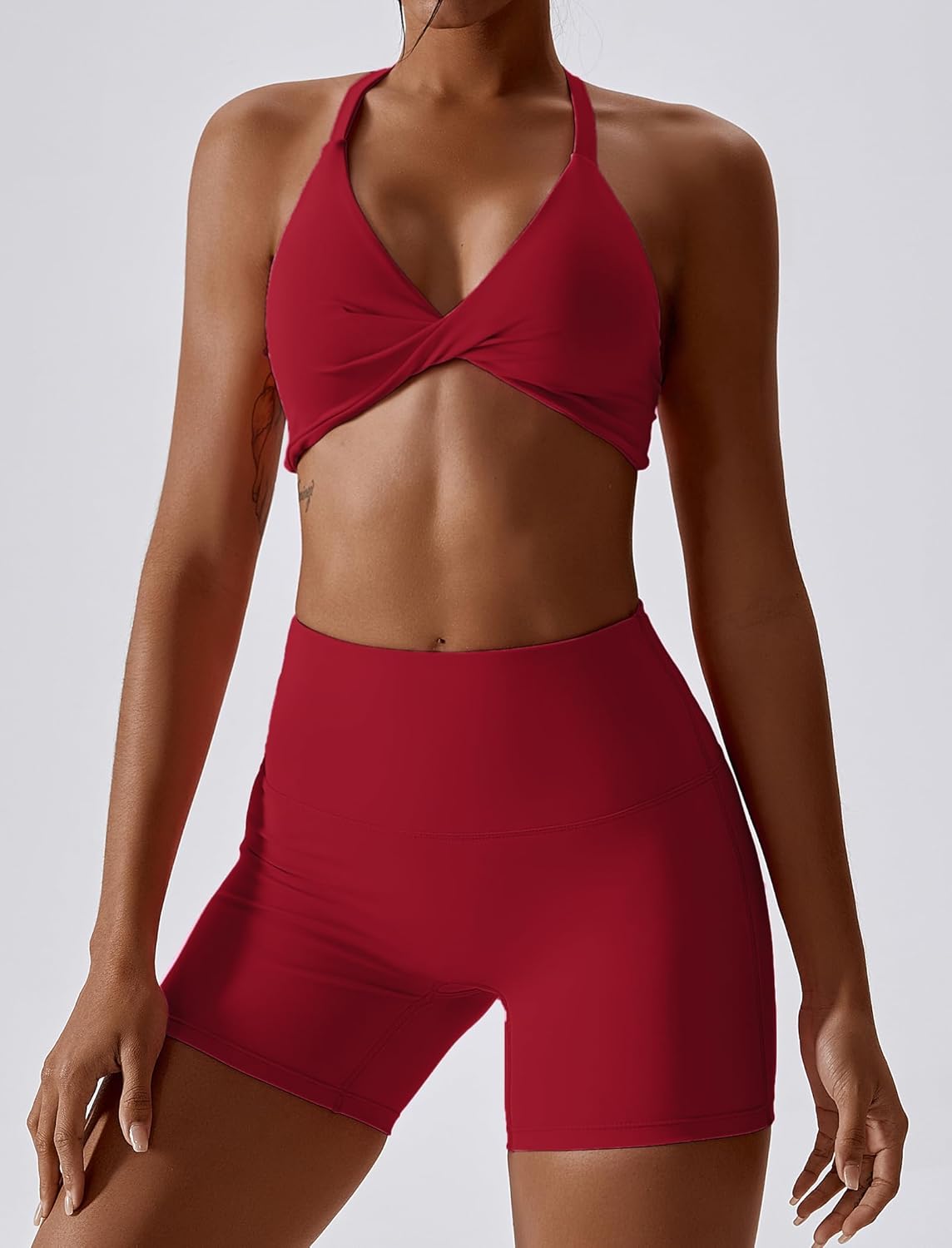 ABOCIW Workout Sets for Women 2 Piece Twist Front Halter Sports Bras High Waist Biker Shorts Exercise Gym Yoga Outfit - Image 3