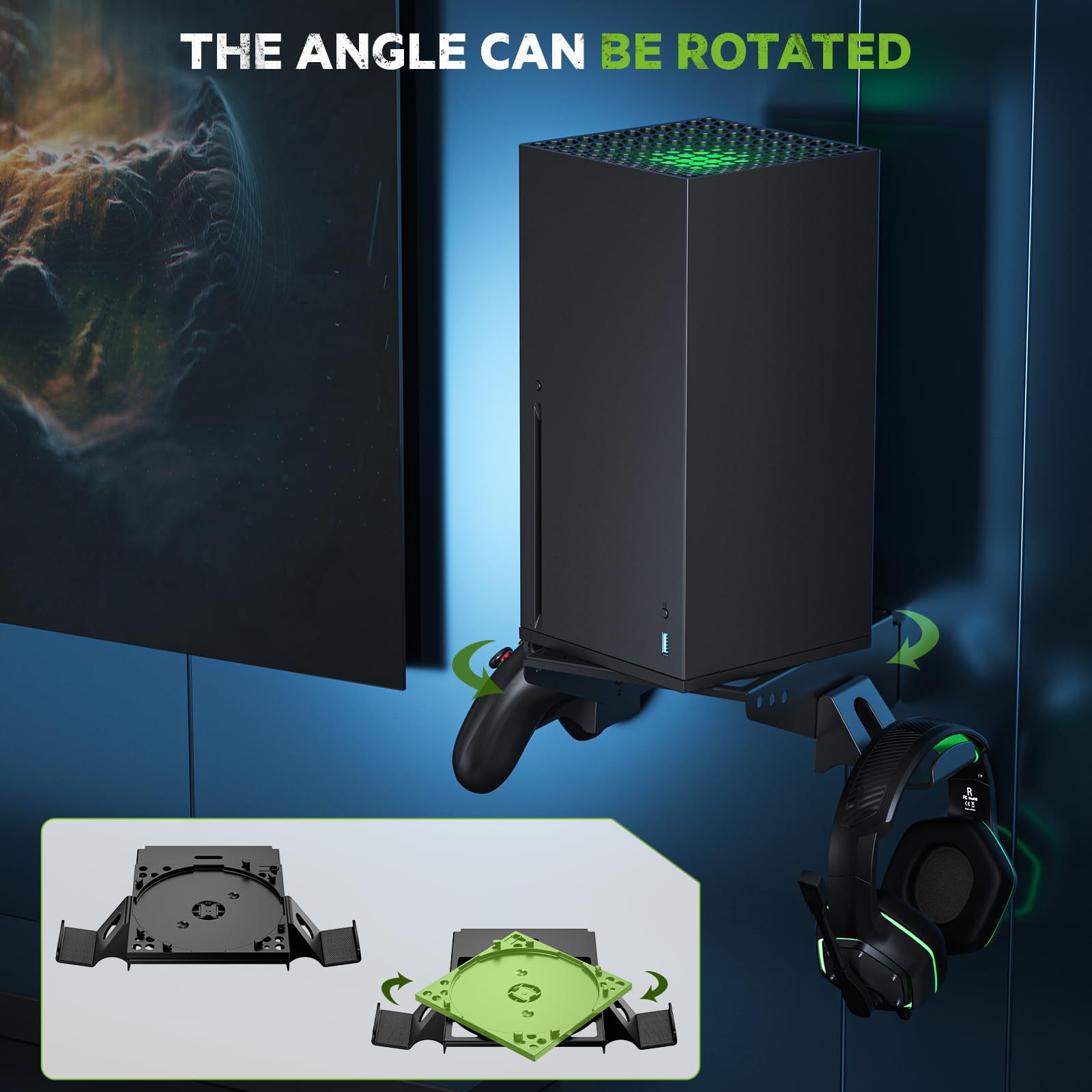 Aceshop Soporte de Pared para Xbox Series X, 4 en 1 Girado Soporte de Pared Xbox Series X con Soportes con Controlador Desmontable y Soportes para Auriculares para Ventilación y Ahorro de Espacio