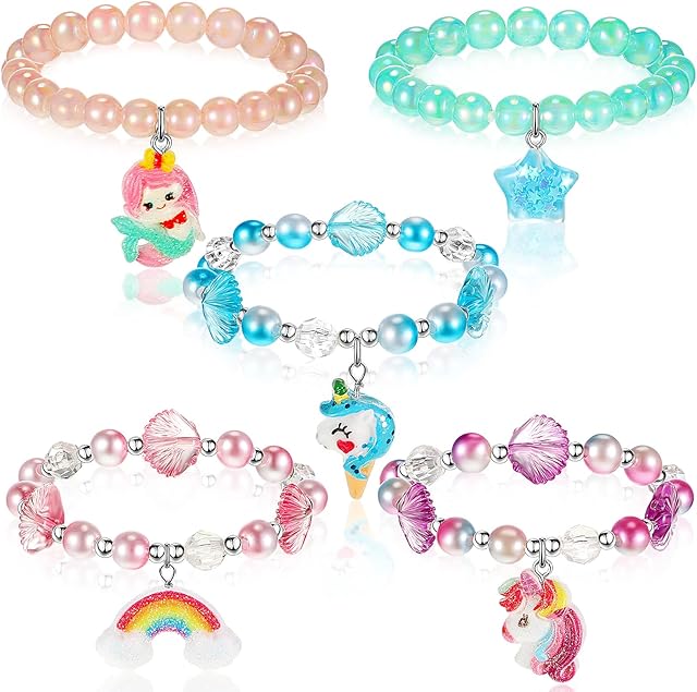 5 Pieces Unicorn Bracelet for Girls Mermaid Star Rainbow Bracelets Colorful Stretchy Beads Bracelets Beaded Pendant Charm Bracelets Friendship Bracelets for Kids Girls Jewelry Party Favors
