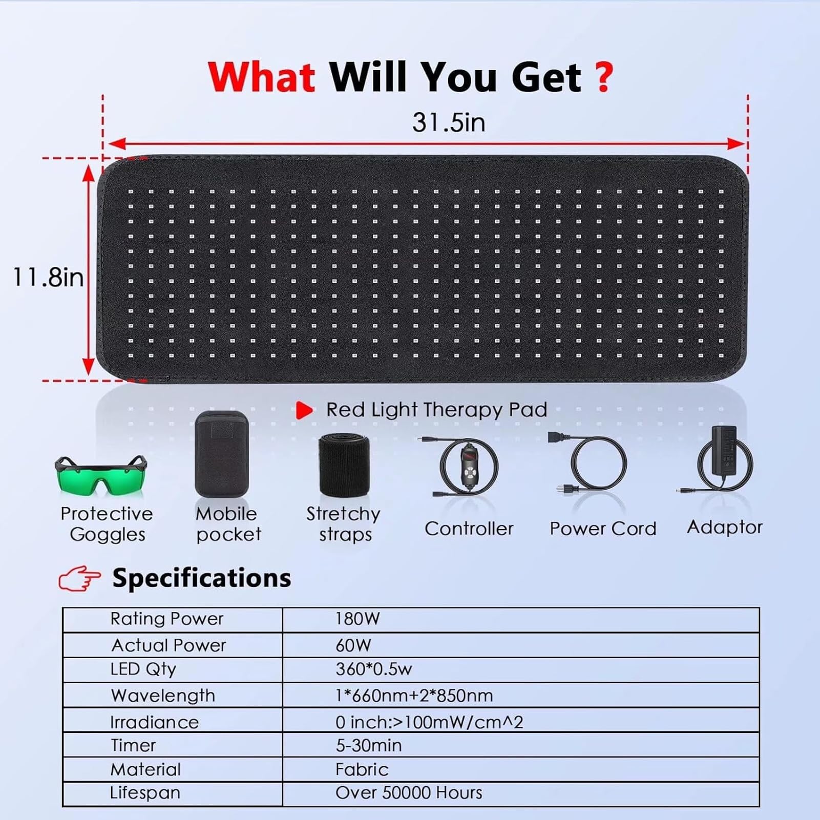 Podkładka do terapii światłem czerwonym na podczerwień, mata LED 180 W o długości fali 660 nm i 850 nm, dla pleców, talii, ramion, łagodzenie dyskomfortu