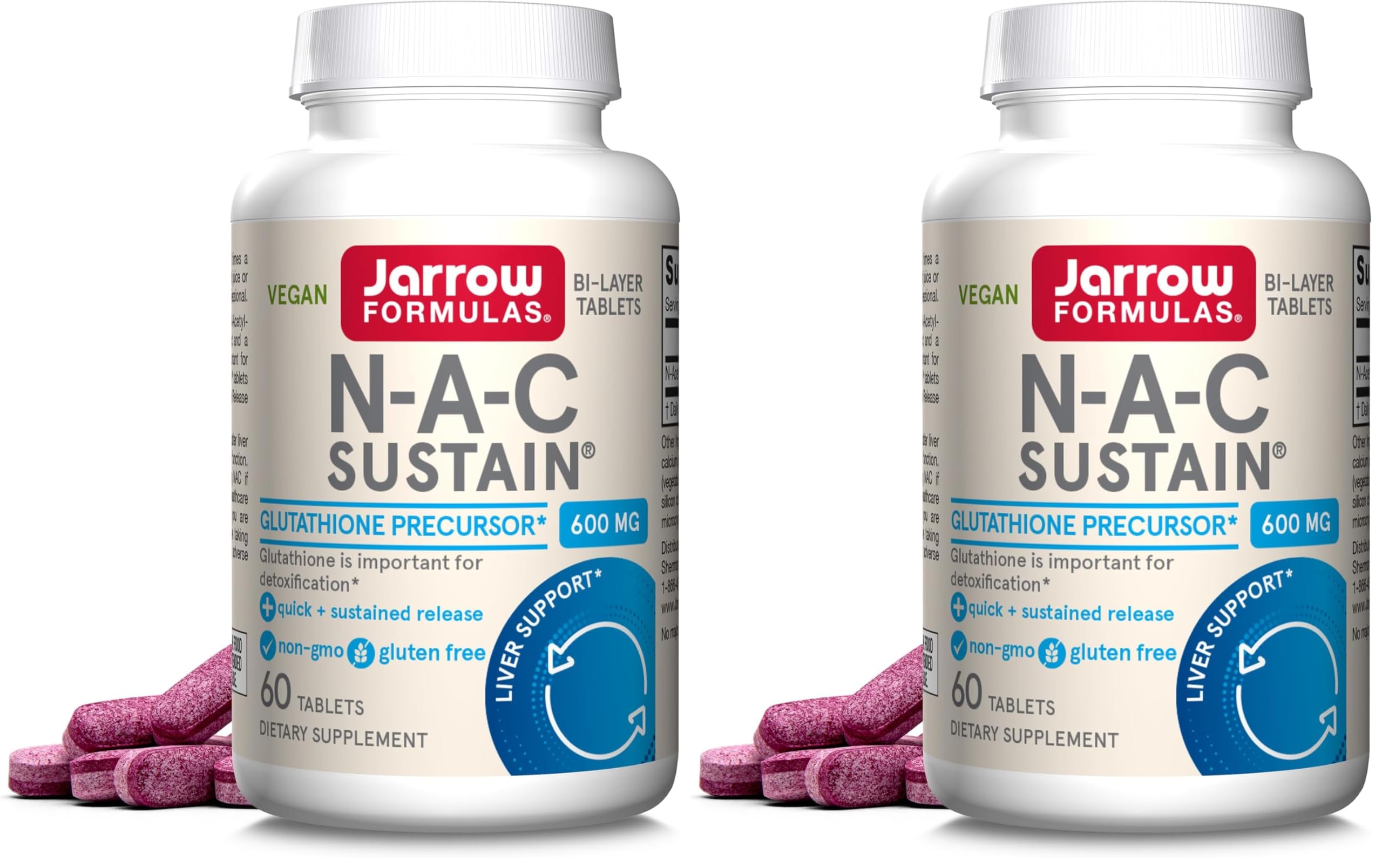 Jarrow Formulas N-A-C Sustain 600 mg, Dietary Supplement, NAC 600 mg, an Antioxidant Amino Acid Support for Liver Health, 60 Tablets, 60 Day Supply (Pack of 2) Unflavored 60 Count (Pack of 2)