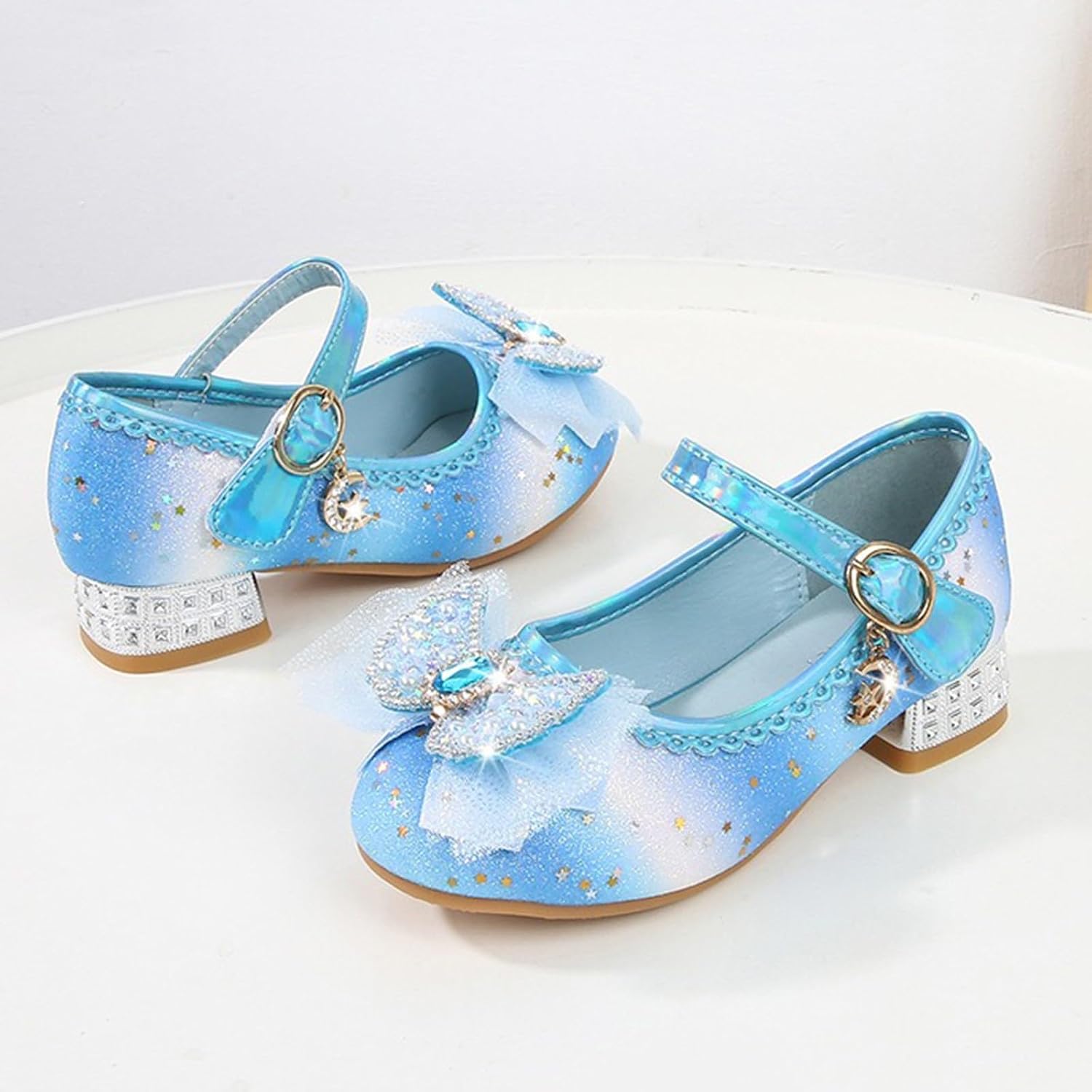IWIHMIV Girls Mary Jane Low Thick Heel Shoes Comfortable Non Slip Princess Flower Wedding Party Bow Dress Shoes