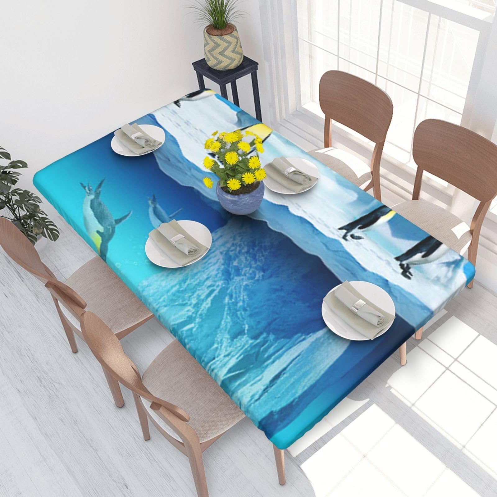 BNVSADC Penguins On The Iceberg Printed 4FT Tablecloth 122x76 CM Polyester Kitchen Water Resistant Table Cloth Dining Table Decoration Table Covers