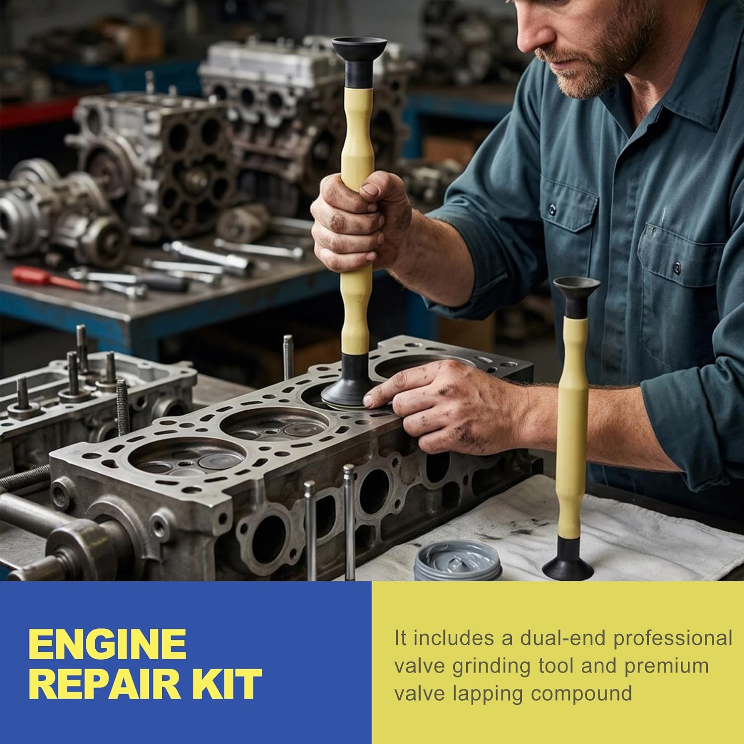 Valve Lapping Tool and Compound Kit with Valve Spring Compressor - Heavy Duty Grinding Tool & Removal Set, Professional Small Engine Tools for Car & Lawn Mower Repair
