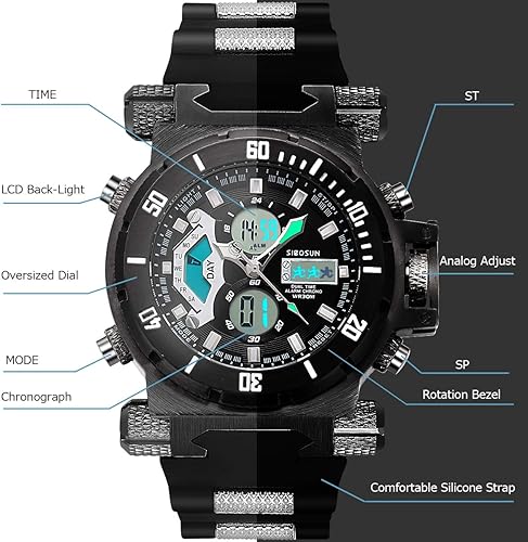 Miniatura 4 de SIBOSUN Relojes deportivos para hombre, reloj militar multifuncional, cronómetro, resistente al agua, gran cara, LED, reloj de pulsera digital