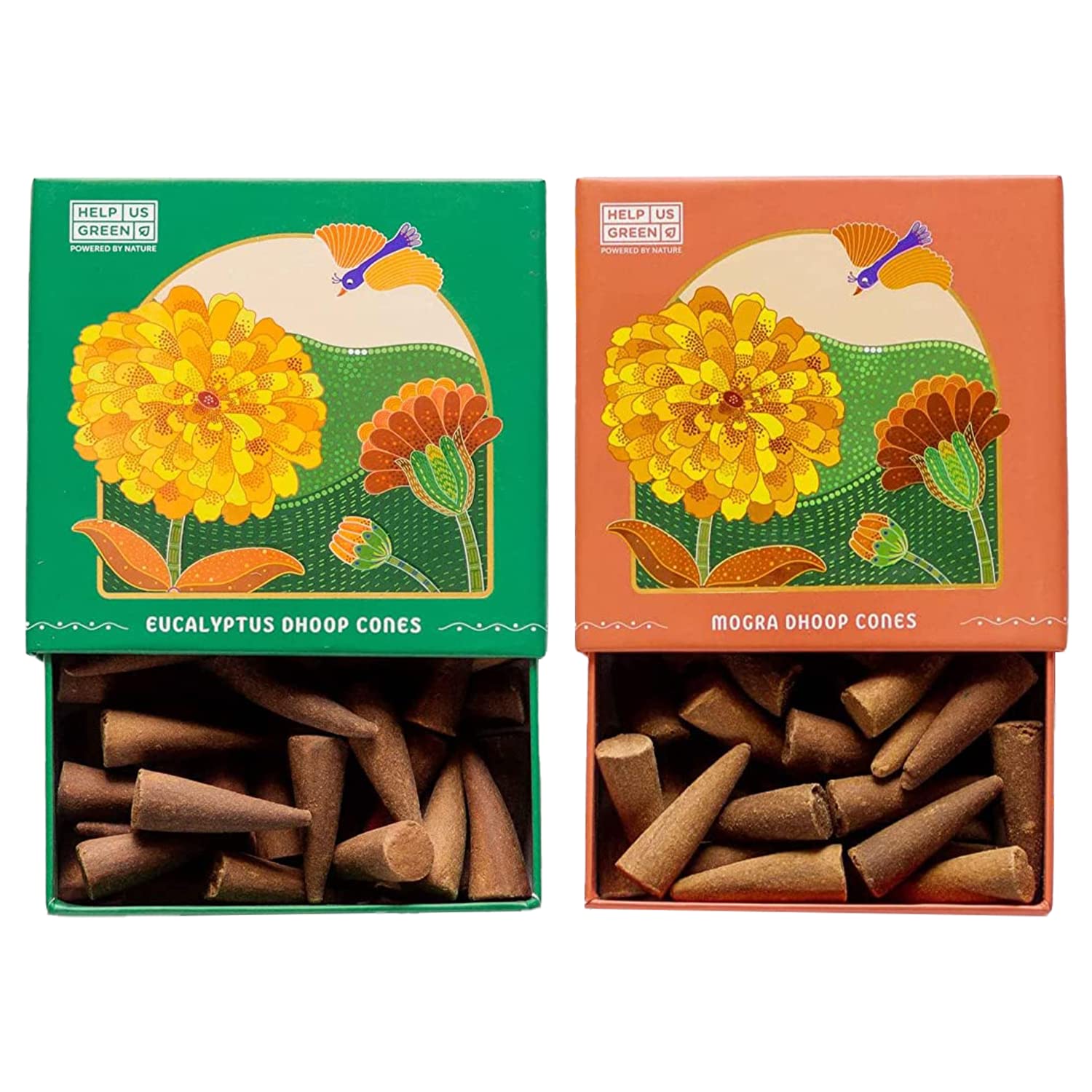 Help Us Green Combo Pack of 2 Natural Incense Cones, Meditation Pack - 80 Organic Dhoop Cones | Eucalyptus and Mogra | Dhoop Cones for Pooja | Special Cones Char Dham Yatra | Free Dhoop Stand Inside