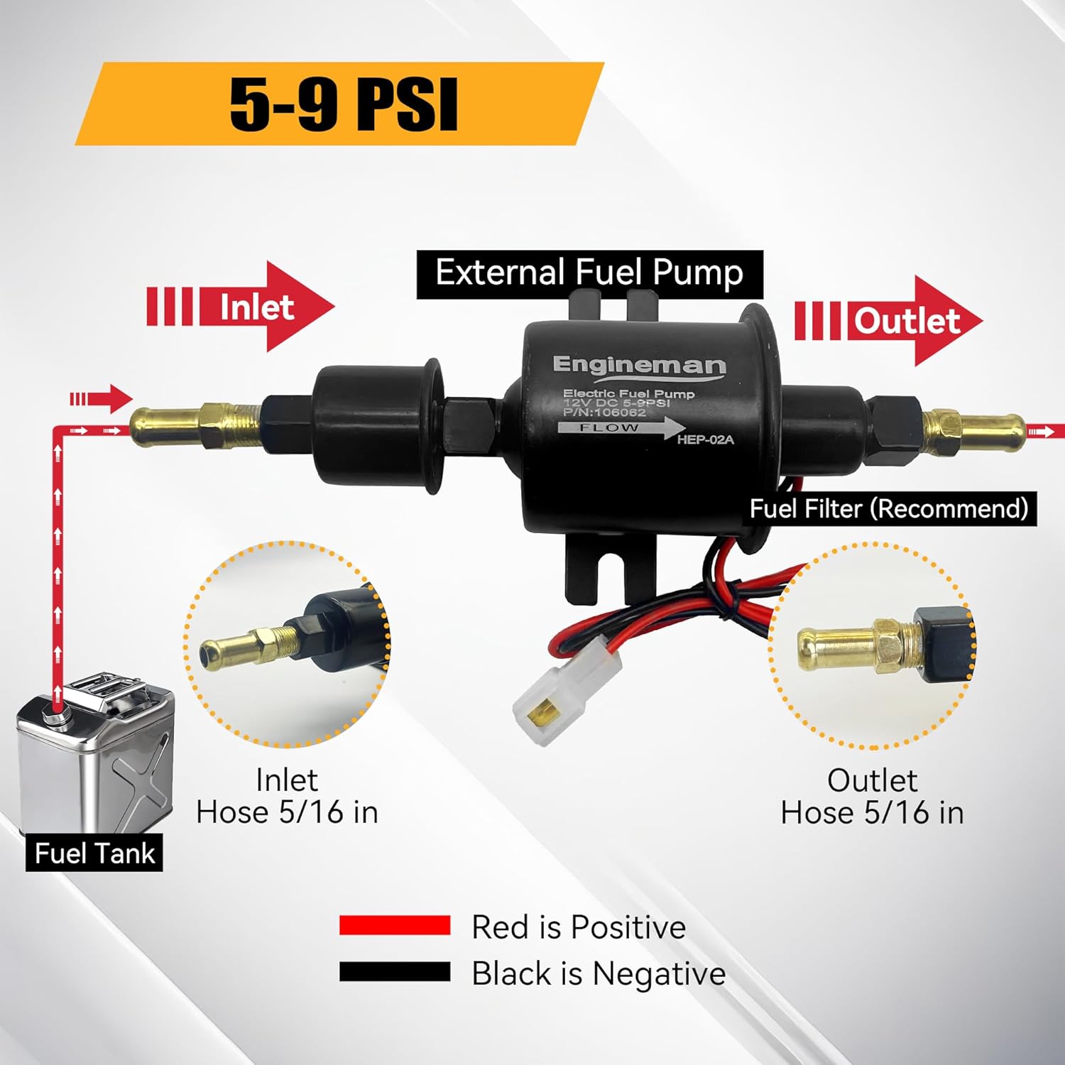 Universal Electric Fuel Pump Kit 12V 5-9 PSI Low Pressure with Fuel Filters 6 Hose Clamps 6.56 FT 5/16" ID Fuel Line Replacement For Carburetor Lawn Mower Gas Diesel Transfer Pump
