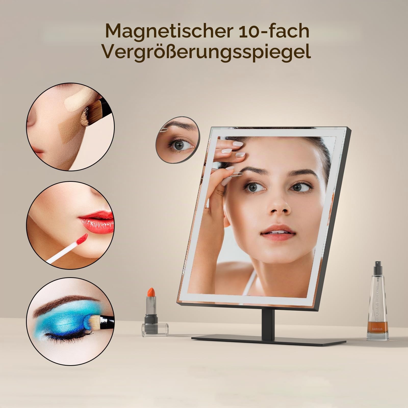 ANTENLICHT Schminkspiegel mit Beleuchtung, Dimmbar Spiegel mit Beleuchtung mit Abnehmbare 10X Vergrößerung, 3 Farbmodi, LED Schminkspiegel mit Licht Hollywood Spiegel, Schwarz