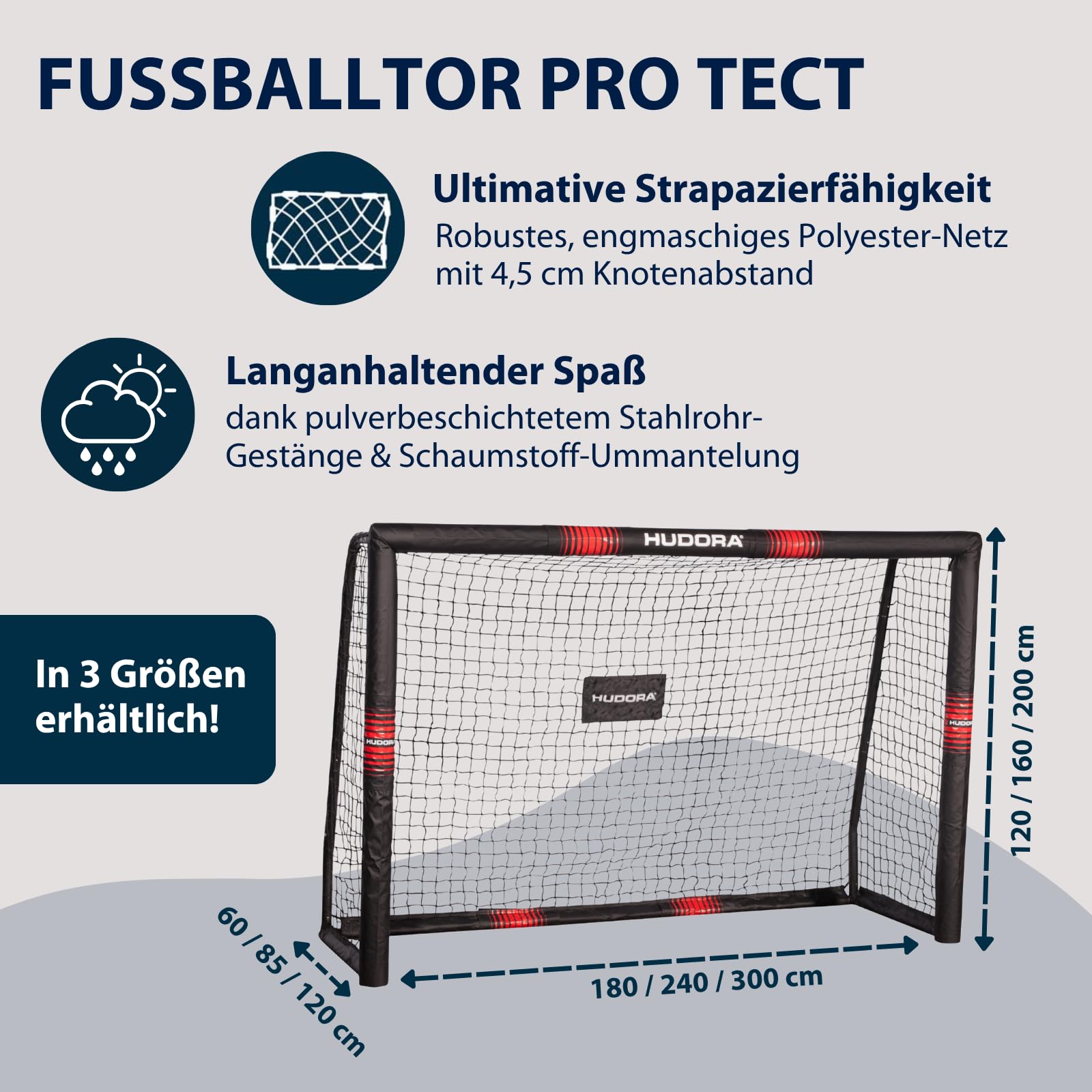 HUDORA Fußballtor Pro Tect - großes Fußballtor für Kinder und Erwachsene - Schaumstoff ummanteltes Fußballtor mit Netz - Hochwertiges Outdoor Tor mit Aufprallschutz