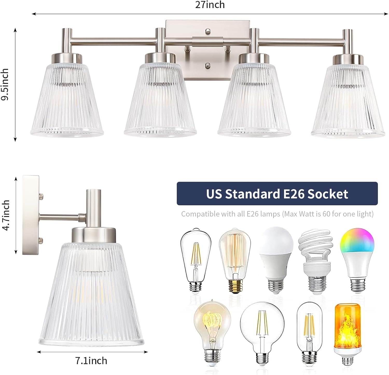 OCIOC 4-Light Vanity light fixtures, Brushed Nickel Vanity lights over mirror makeup light wall sconces with clear Striped glass shade, Bathroom lighting fixtures for Living room, Bedroom, Kitchen