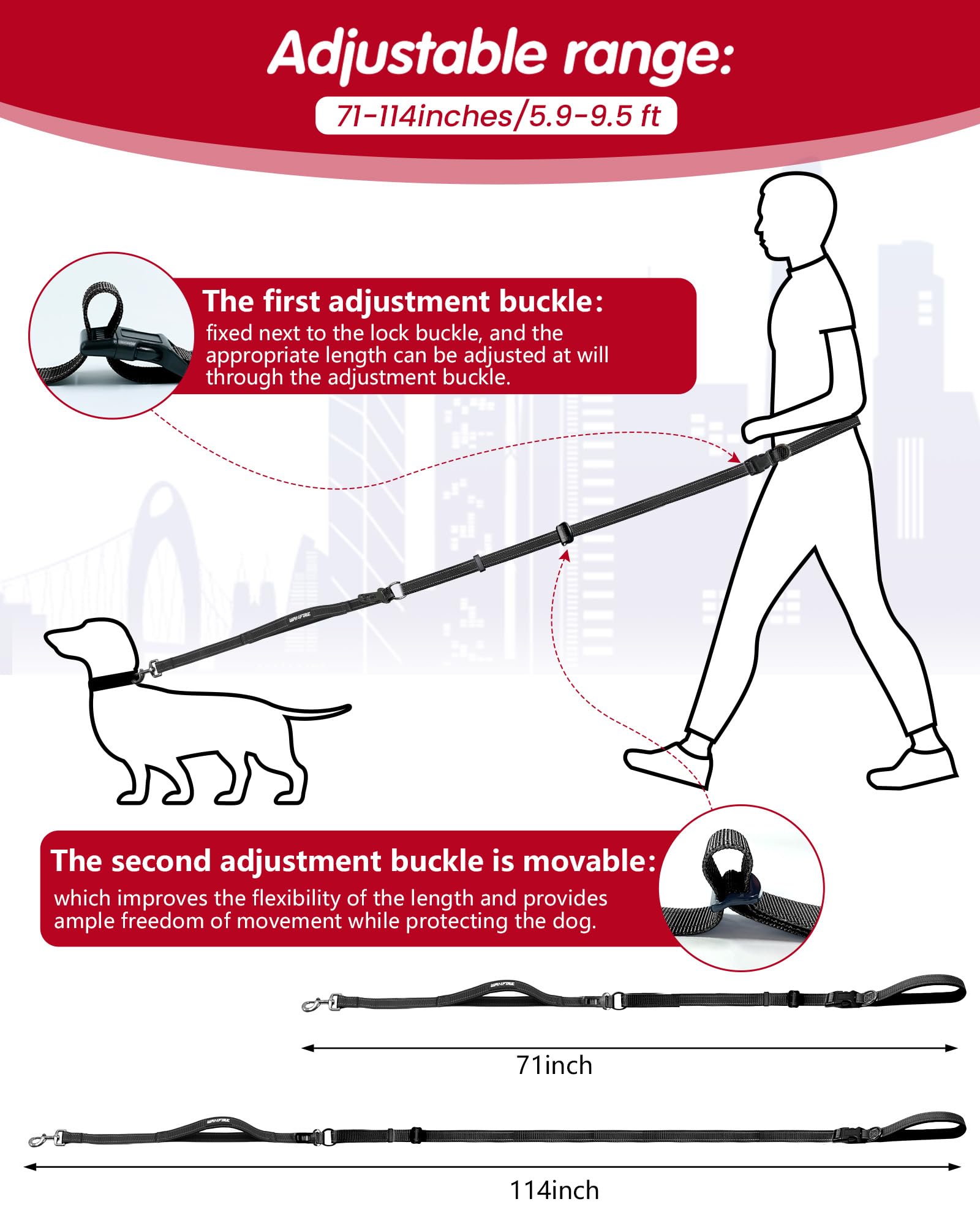 Guinzaglio per cani a mani libere (2,9 m) nero)