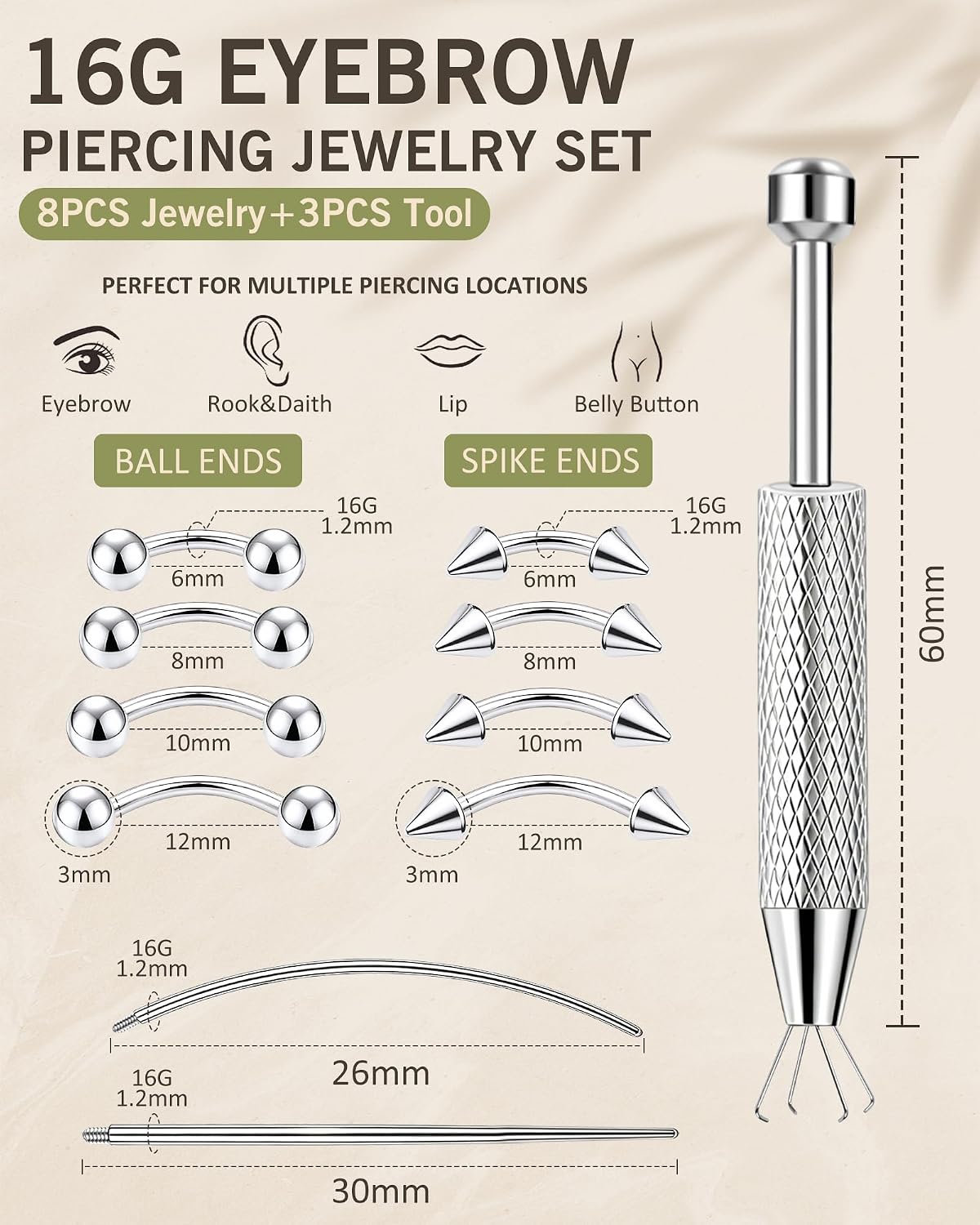 ONESING 11Pcs Eyebrow Piercing Jewelry with Grabber Tool 14G/16G Stainless Steel Curved Barbell Eyebrow Jewelry Hypoallergenic Eyebrow Rings Rook Vertical Labret Navel Daith Lip Helix Conch Daith for Women Men 6mm/8mm/10mm/12mm