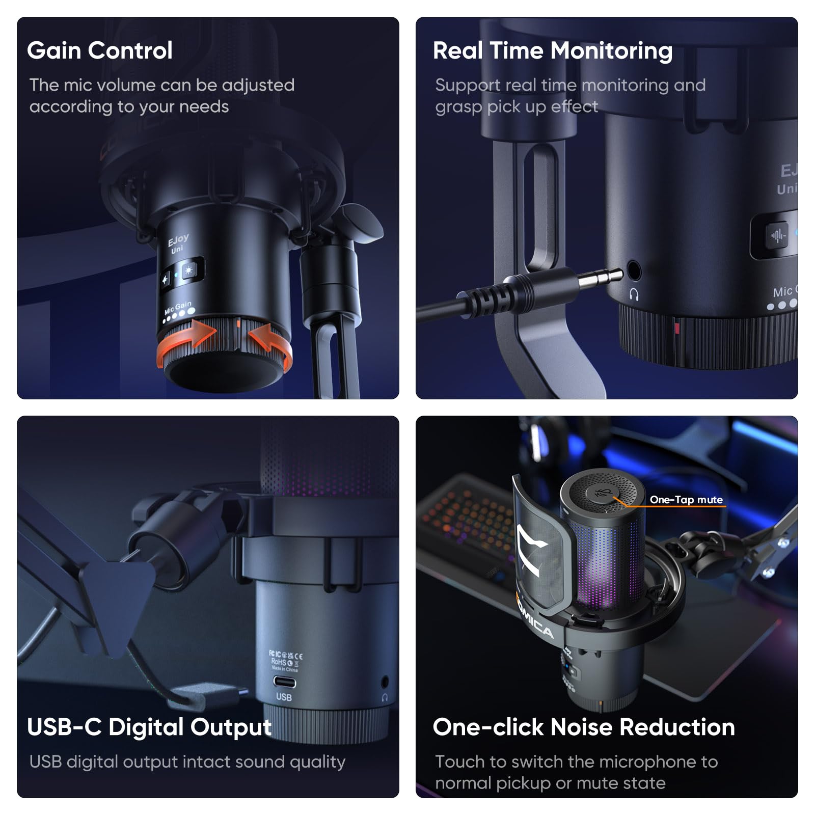 COMICA EJoy Uni - Condensador USB para juegos para PC, PS4, PS5, teléfono USB C y Mac, micrófono de computadora RGB con brazo Boom Arm para Twitch, streaming/podcasting/YouTube, micrófono de