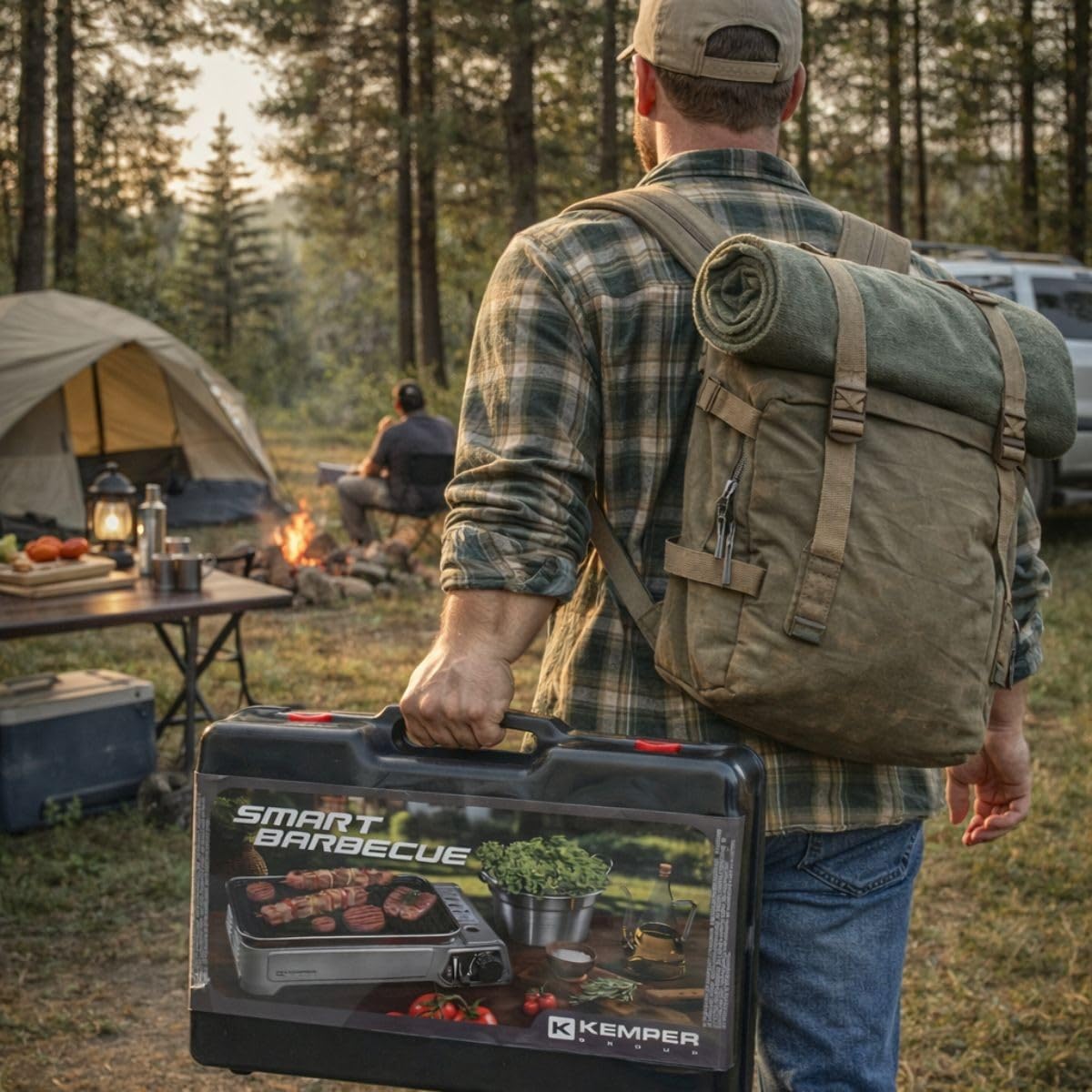 KEMPER Barbecue Portable à Gaz 1900W Allumage Piézo Plaque Grill Anti-Adhésive Kit 4 Cartouches Gaz Camping Mallette Transport