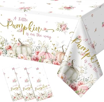 3Pcs 108x54inch A Little Pumpkin Is On the Way Plastic Tablecloths, Floral Baby Girl Shower Tablecloth, Disposable Table Cover for Fall Baby Shower Gender Reveal Party Decorations