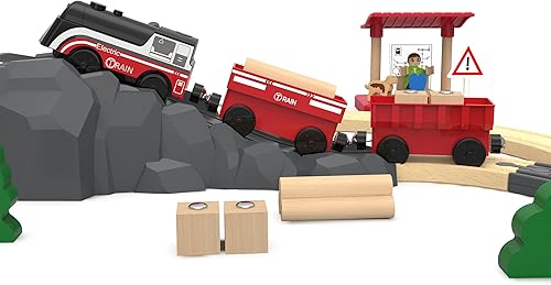 Miniatura 6 de Tren a pilas para pista de madera, tren motorizado para niños pequeños a partir de 3 años, juego de 3 juguetes de tren eléctrico compatible con