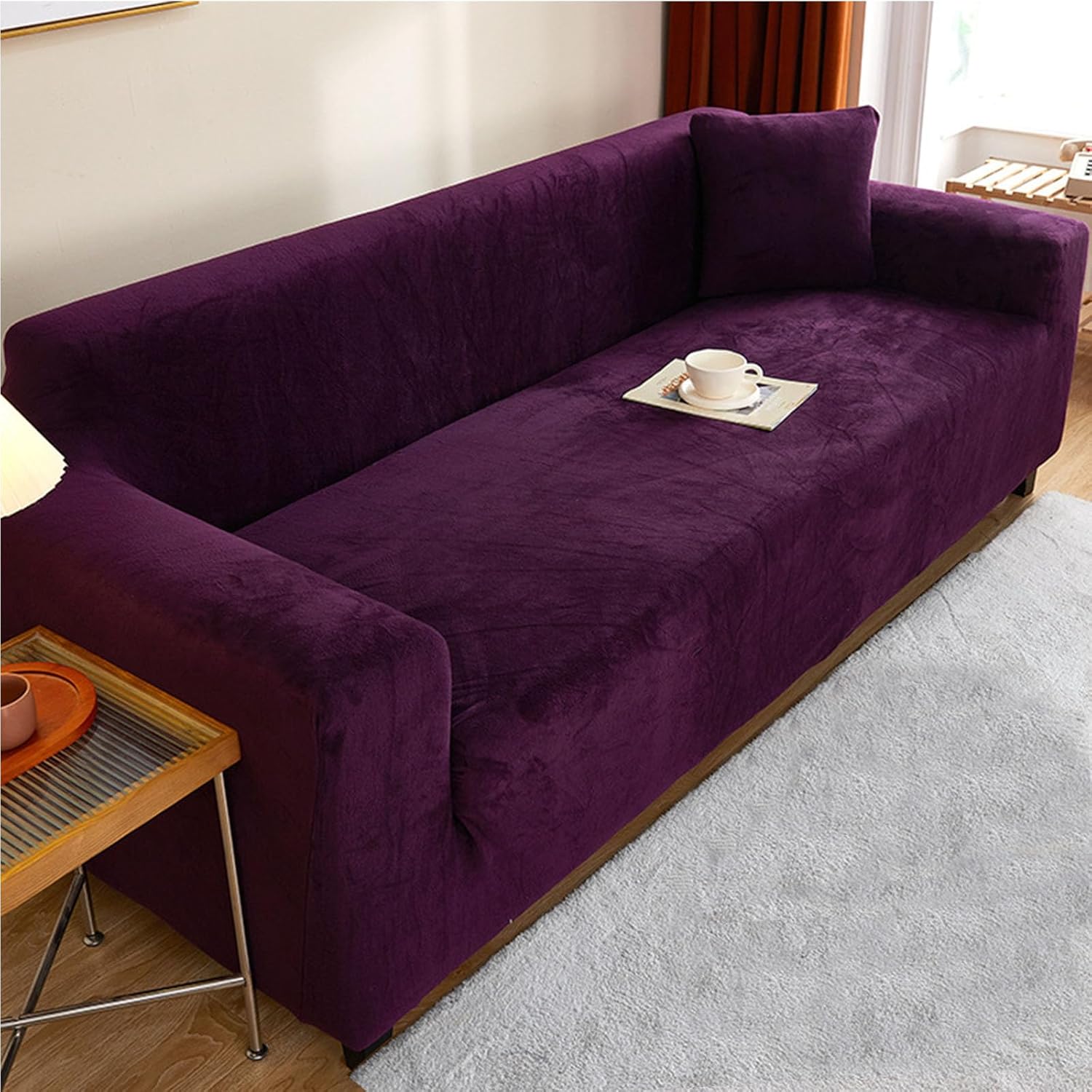 Velvet L Shape Sofa Slipcover for Sectional, Stretch 1 2 3 4 Seater Sofa Cover Dogs Pets Chaise Lounger Furniture Protector Couch Covers (Purple,4 Seater: 92~118 inch)