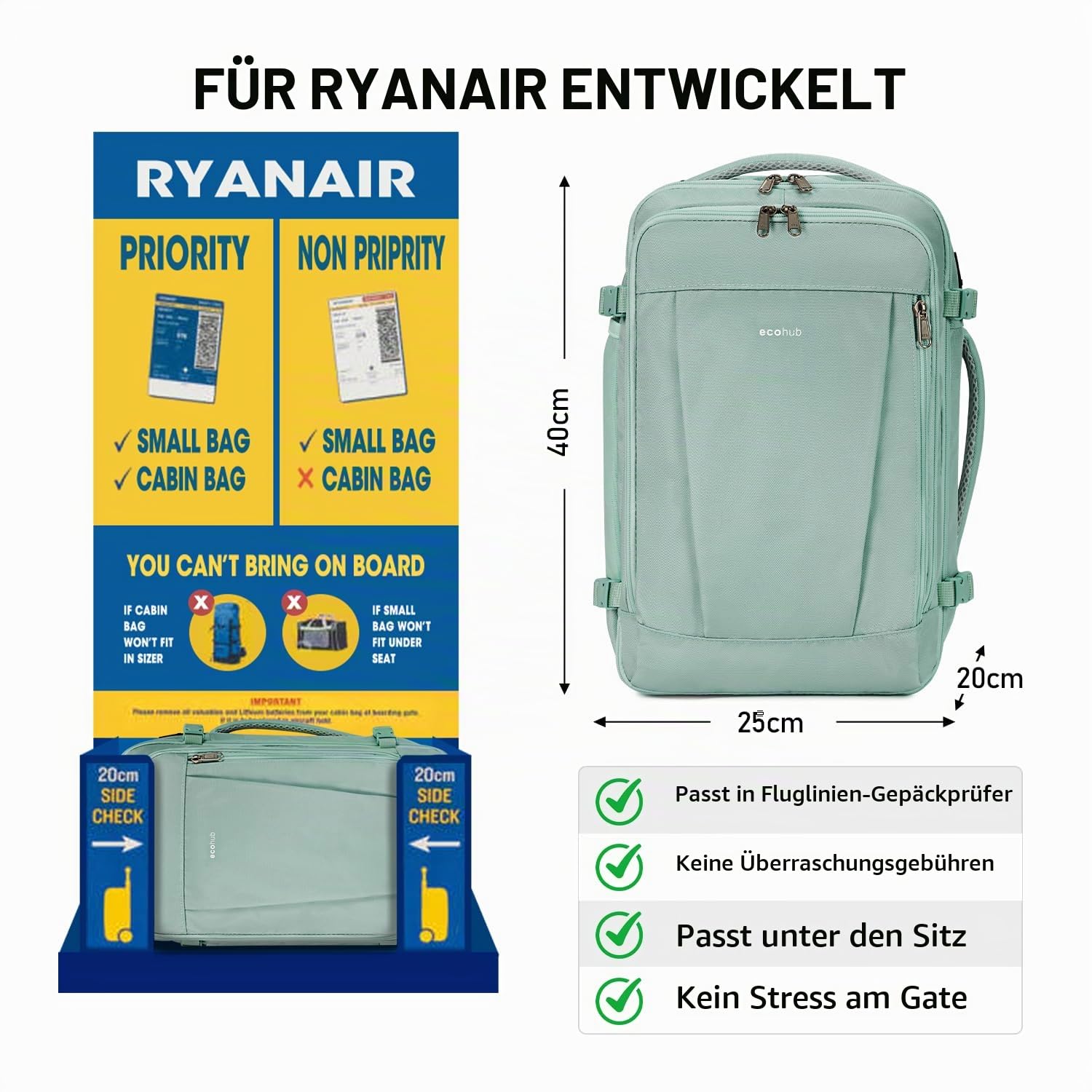 ECOHUB Rucksack 40x20x25 Ryanair Handgepäck 13 Taschen Reiserucksack Flugzeug Carry-ons Wasserdichter Rucksack Damen Klein PET-Recycelte Umweltfreundliche 20L,Patentiert(Hellgrün)