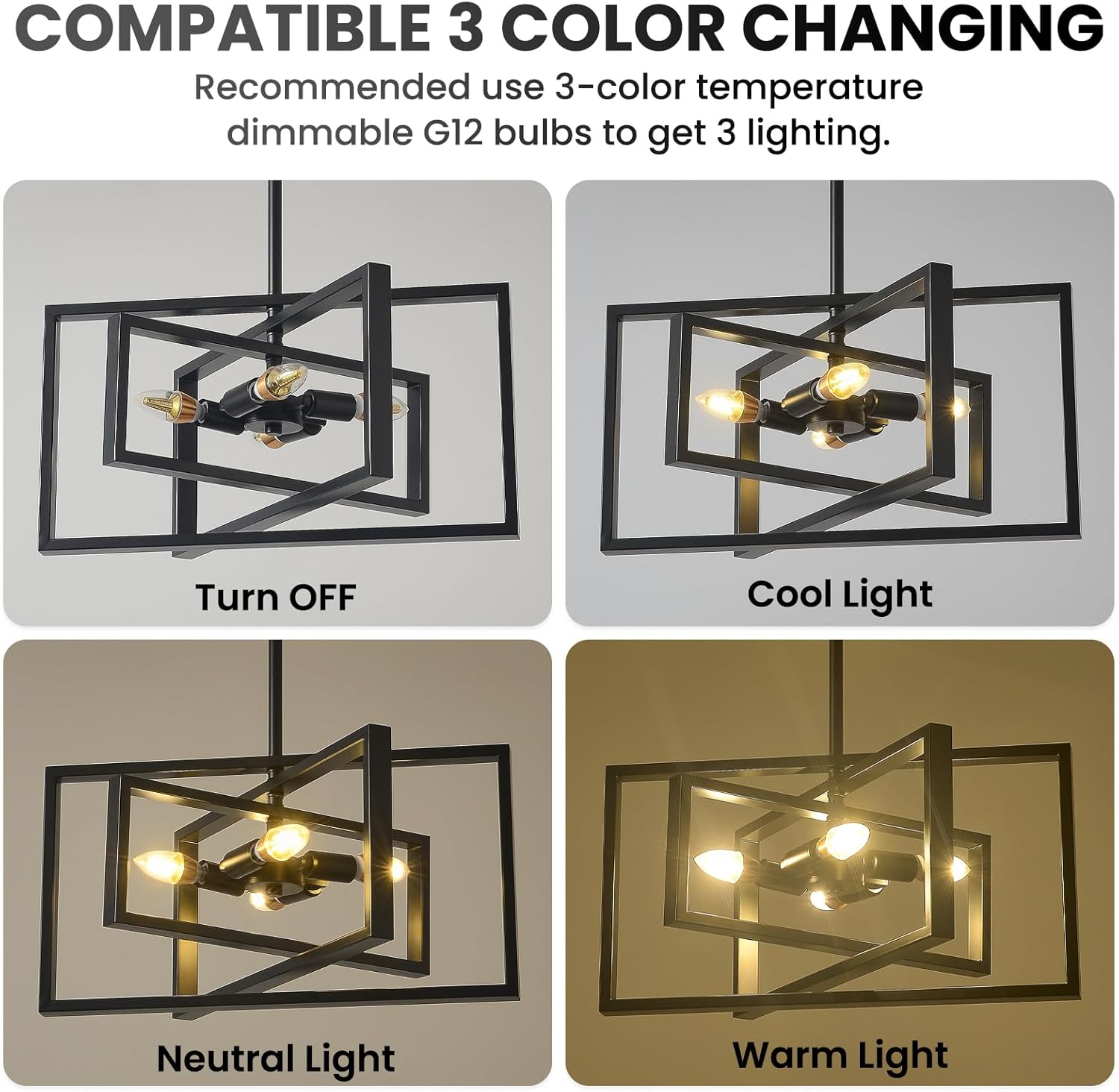 Farmhouse Black Chandelier 4 Lights Rectangular Pendant Light with Metal Cage Semi Flush Mount Ceiling Light for Kitchen, Bedroom, Dining Room, Hallway, Foyer