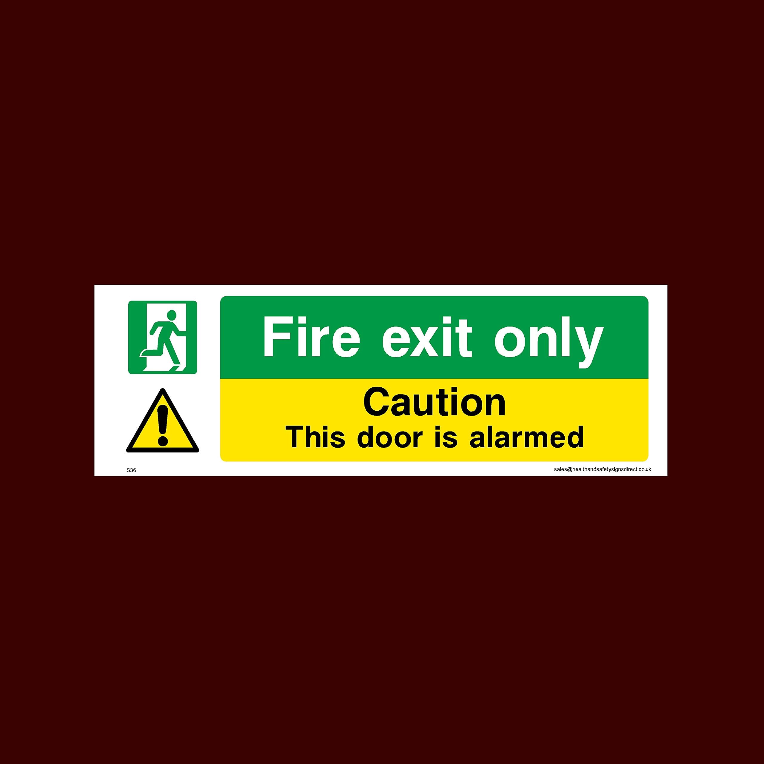 Fire Exit only - Door alarmed Plastic Sign with double sided fixing tape (S36) - CCTV, Security, Warning, Alarmed, Surveillance, Camera, Dogs, Premises