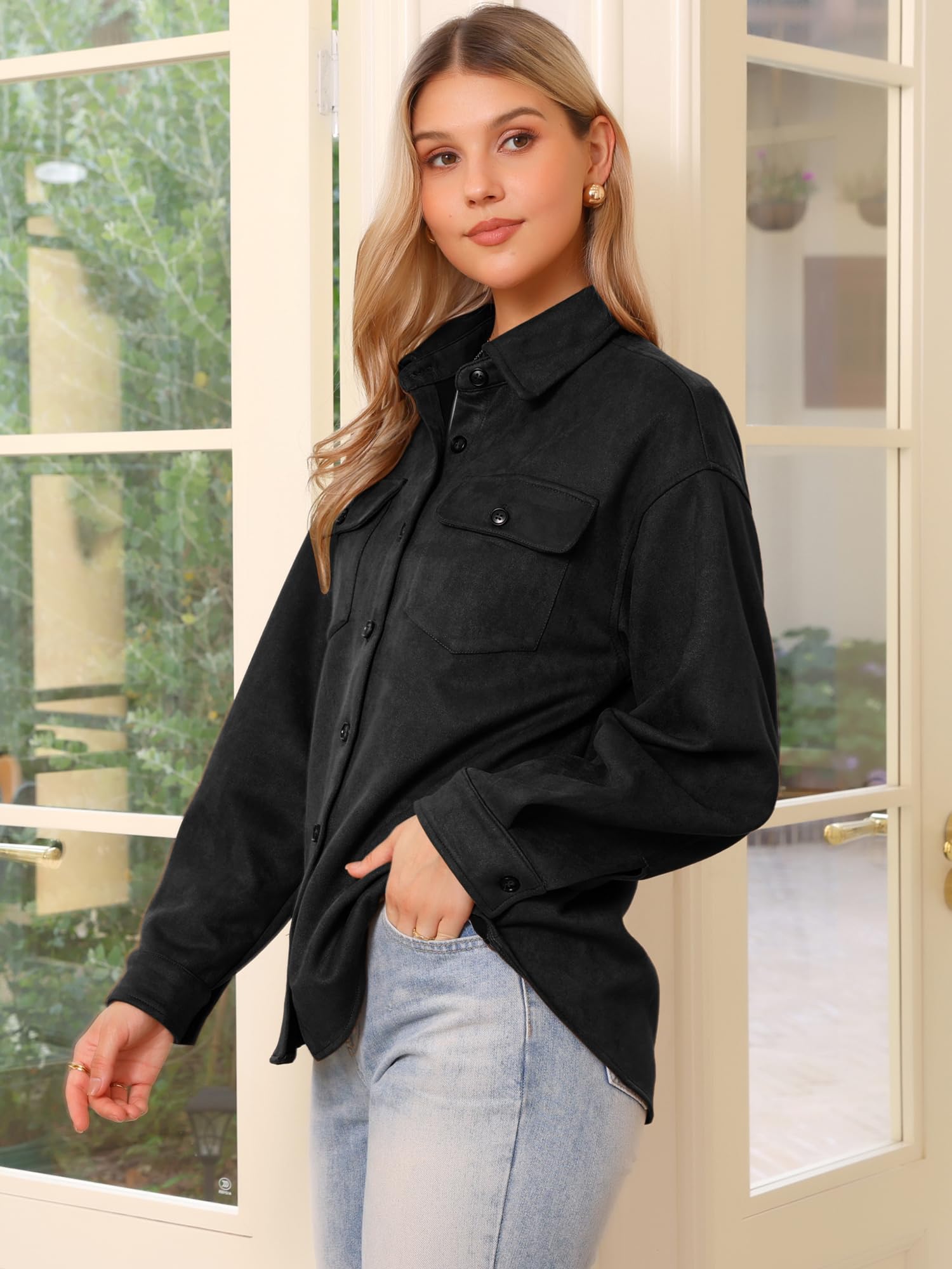 Allegra K Veste en Faux Daim Femme Col Rabattu Manches Longues Blouson Décontractée Boutonnée Vintage