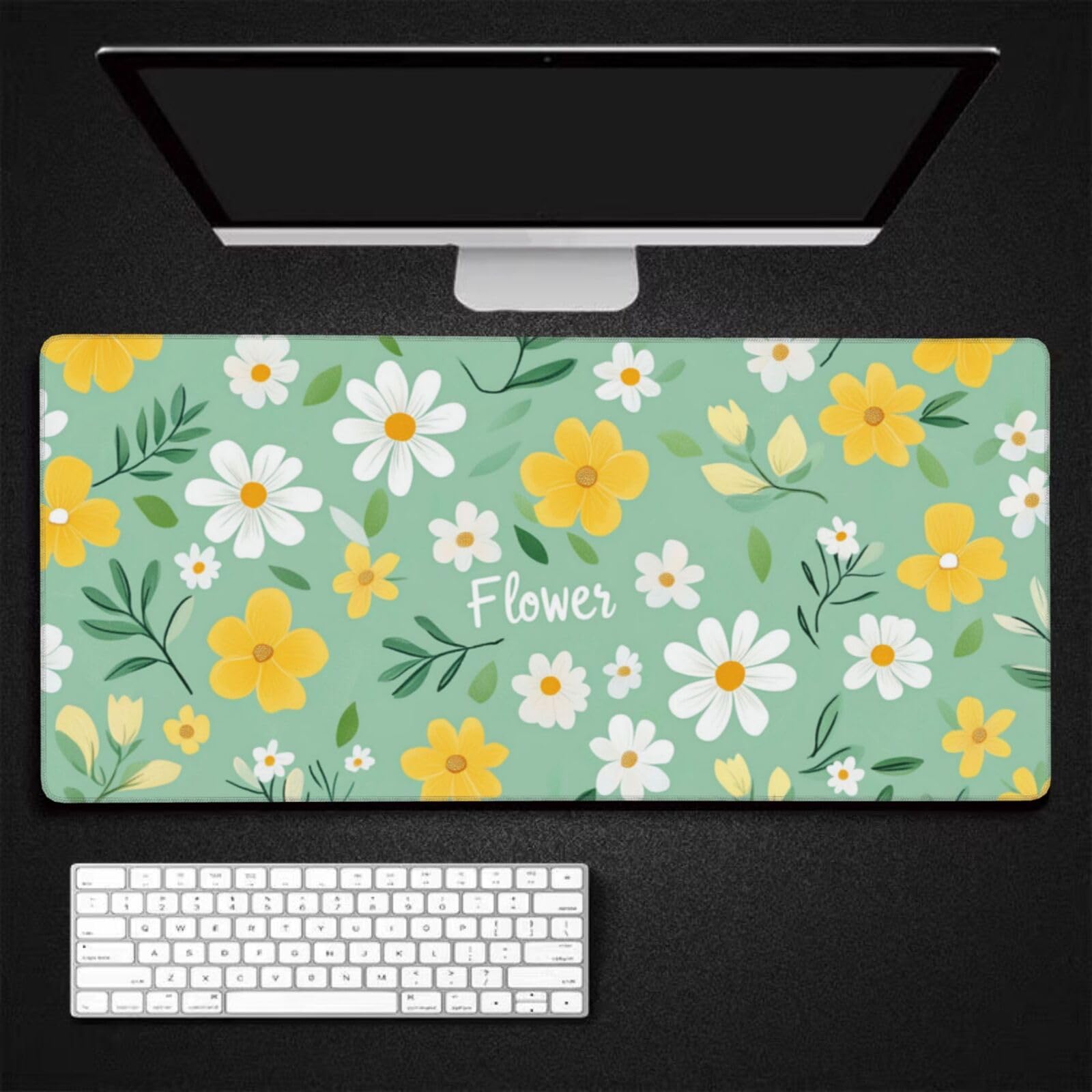 Tappetino Mouse XXL Fiore & Giallo, 100 x 50 cm Tappetino da Scrivania G512 | Tappetino per Mouse, Base in Gomma Antiscivolo, Superficie Impermeabile, Bordi Cuciti, Tappetino Scrivania per Ufficio, Gioco
