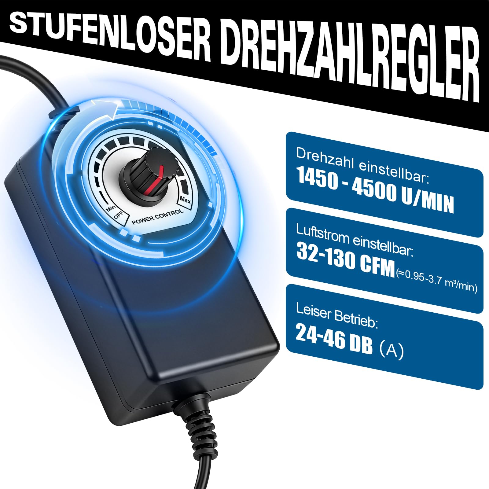 Regelbar Rohrventilator 100mm, EC Motor Inline Abluftventilator 222 m³/h | Rohrlüfter Kanalventilator 4500 RPM mit Drehzahlregler, EU-Stecker, 3m Kabel für Grow-Zelte, Gewächshaus, Badzimmer, Garage