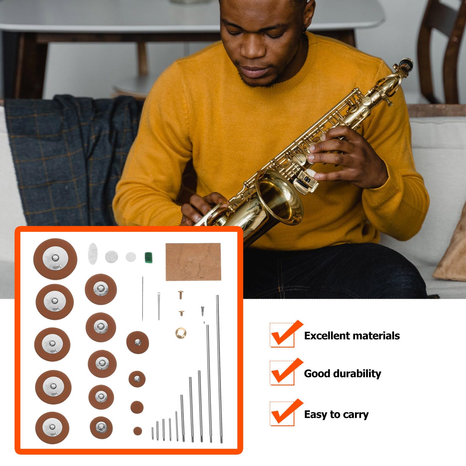 Kit di Manutenzione per Sassofono Set di Viti e Accessori in Plastica, Metallo e Pelle Sintetica per Sax Tenore e Contralto